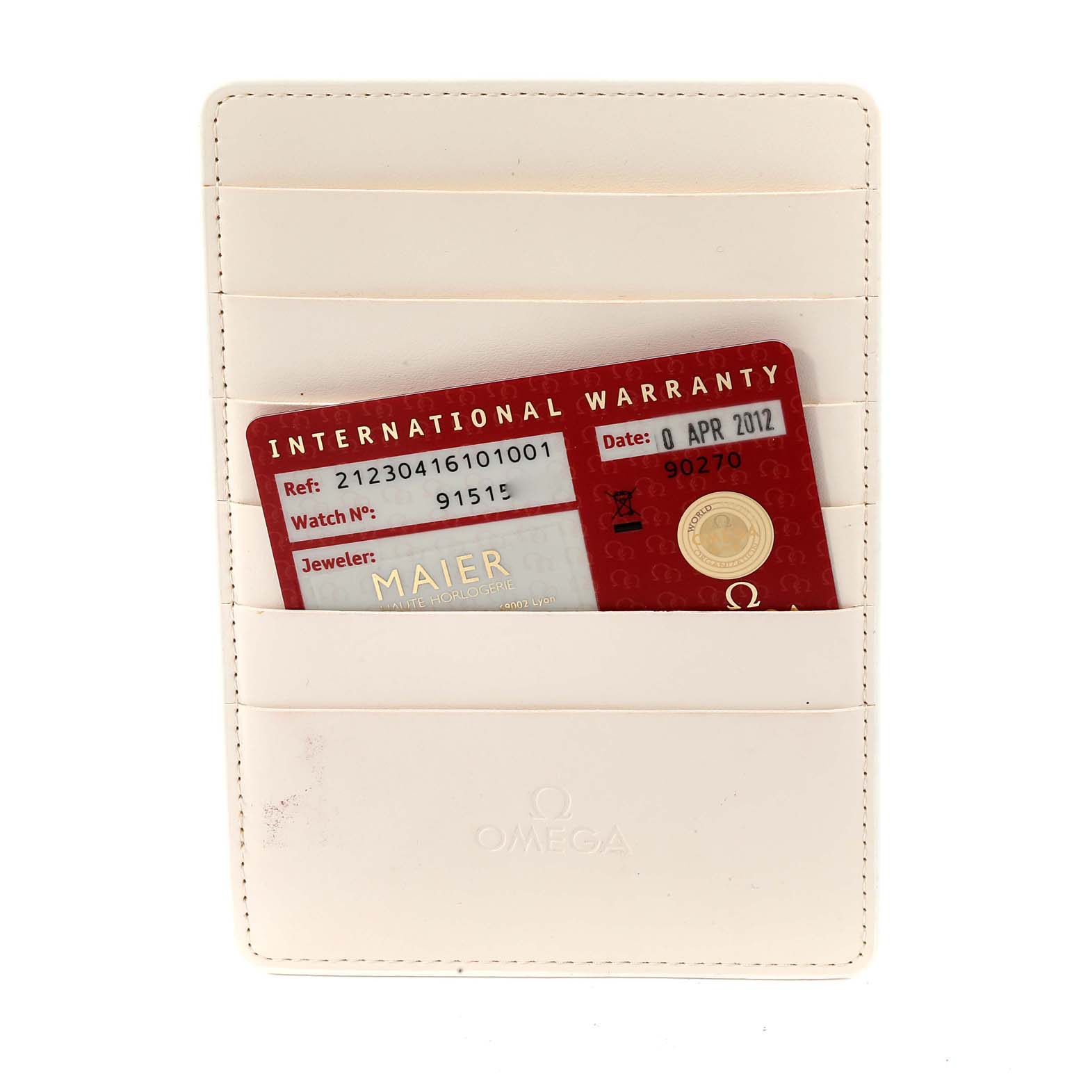 The image shows an Omega Seamaster 212.30.41.61.01.001 Men's Stainless Steel Black Dial 212.30.41.61.01.001 Men's Stainless Steel Black Dial International Warranty card in a white card holder.