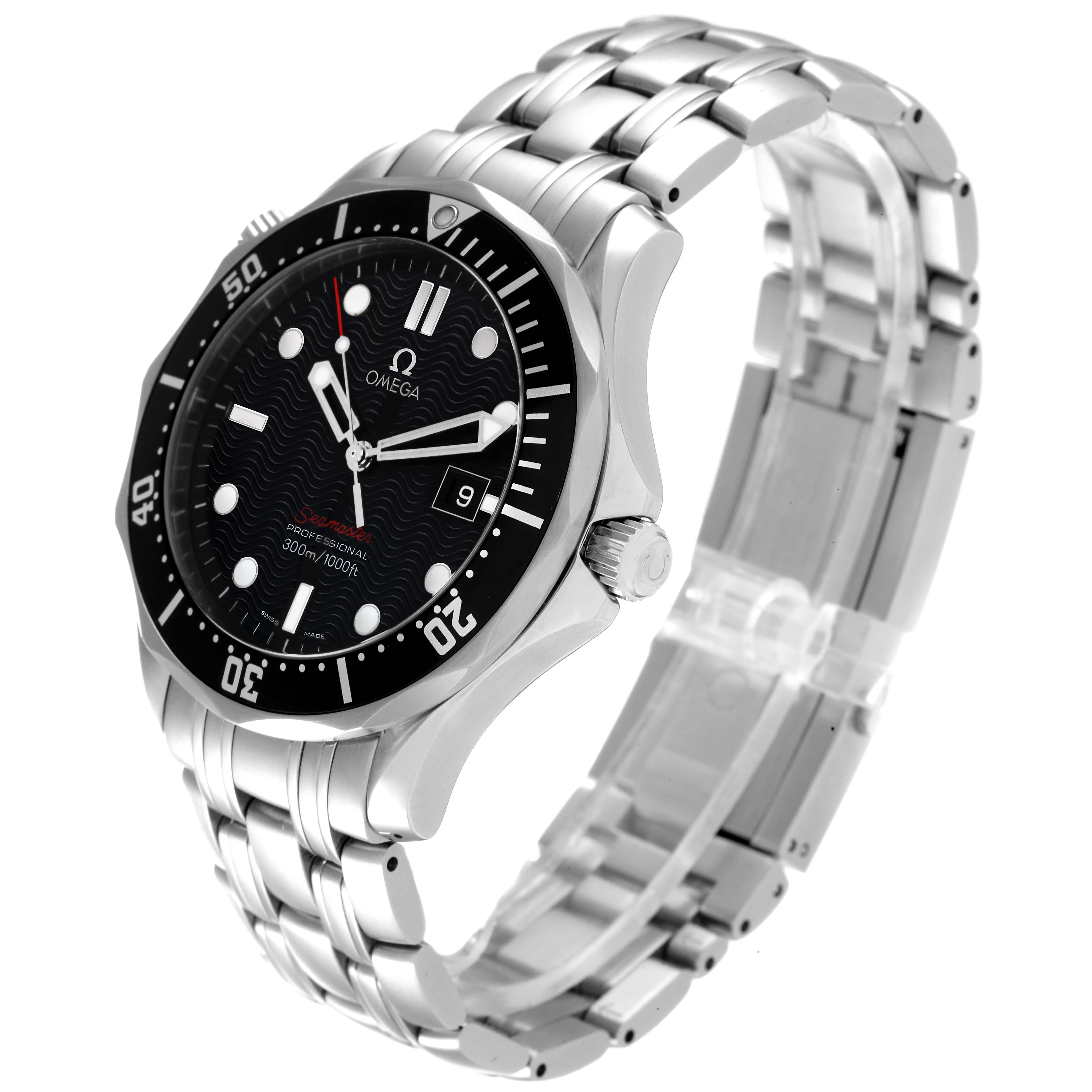 The image shows an Omega Seamaster 212.30.41.61.01.001 Men's Stainless Steel Black Dial 212.30.41.61.01.001 Men's Stainless Steel Black Dial watch from a three-quarter angle, highlighting the dial, bezel, crown, and bracelet.