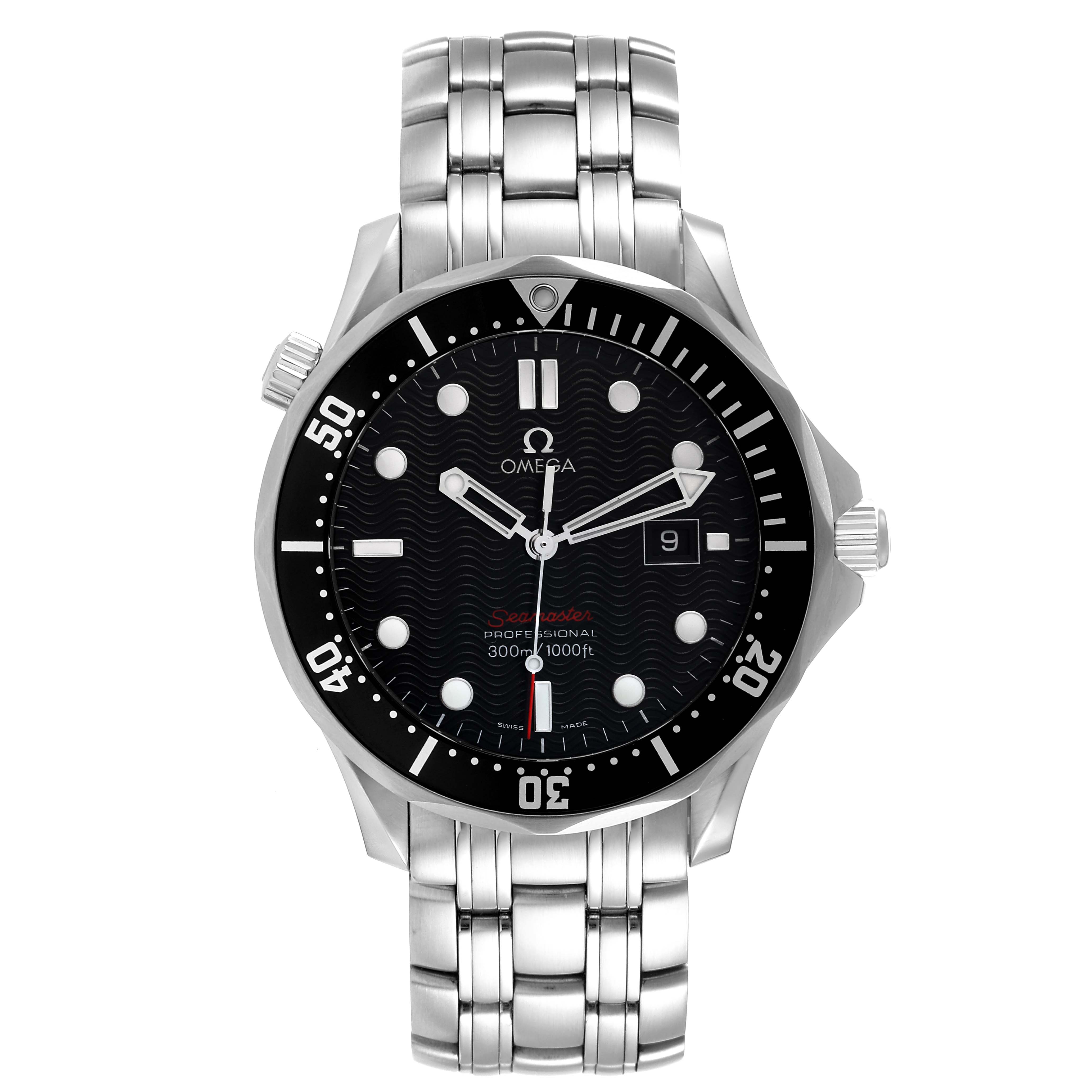 The image shows a front view of an Omega Seamaster 212.30.41.61.01.001 Men's Stainless Steel Black Dial 212.30.41.61.01.001 Men's Stainless Steel Black Dial watch, featuring its round black dial, stainless steel bracelet, rotating bezel, and prominent markings.