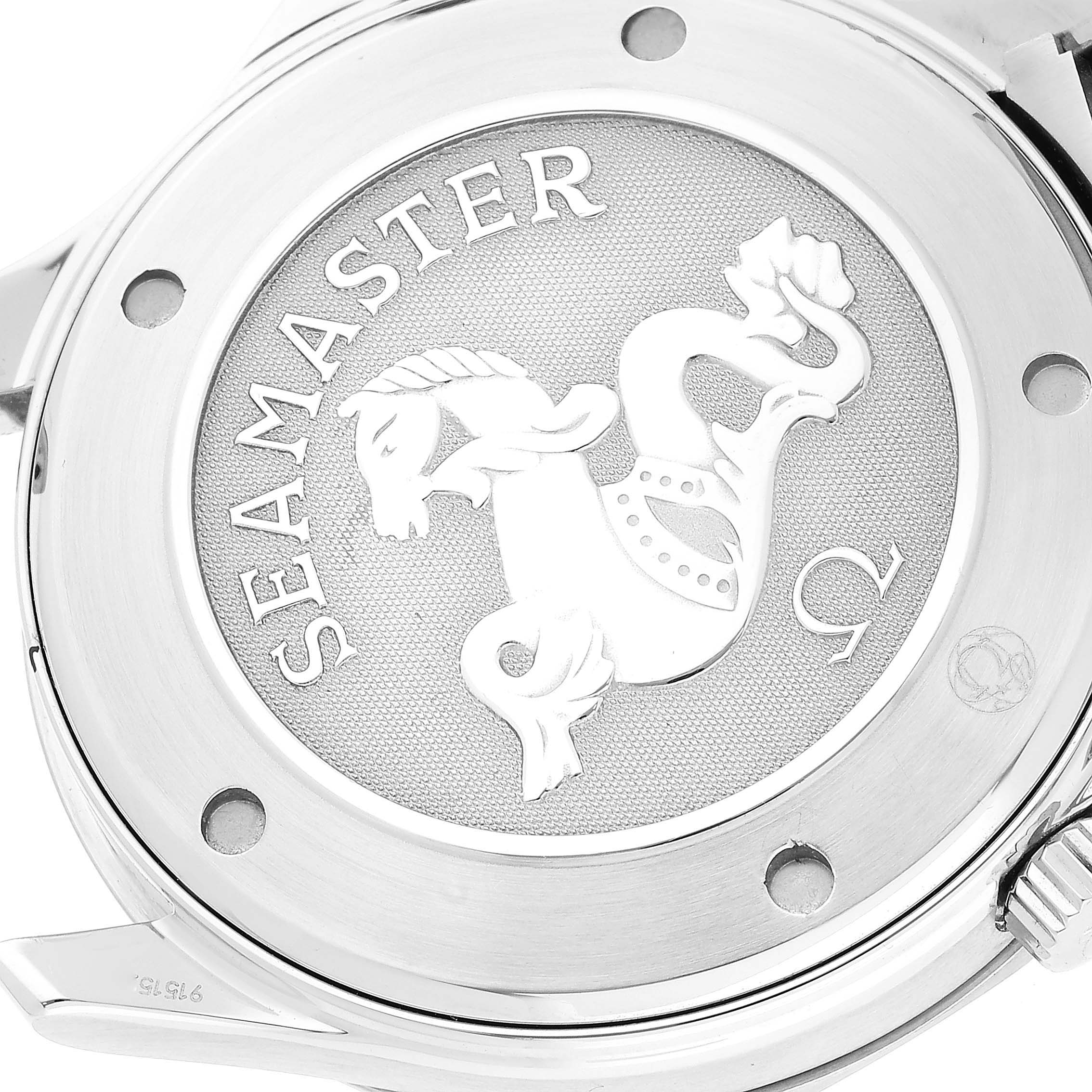 The image shows the engraved caseback of the Omega Seamaster 212.30.41.61.01.001 Men's Stainless Steel Black Dial 212.30.41.61.01.001 Men's Stainless Steel Black Dial watch, featuring the emblematic seahorse logo.
