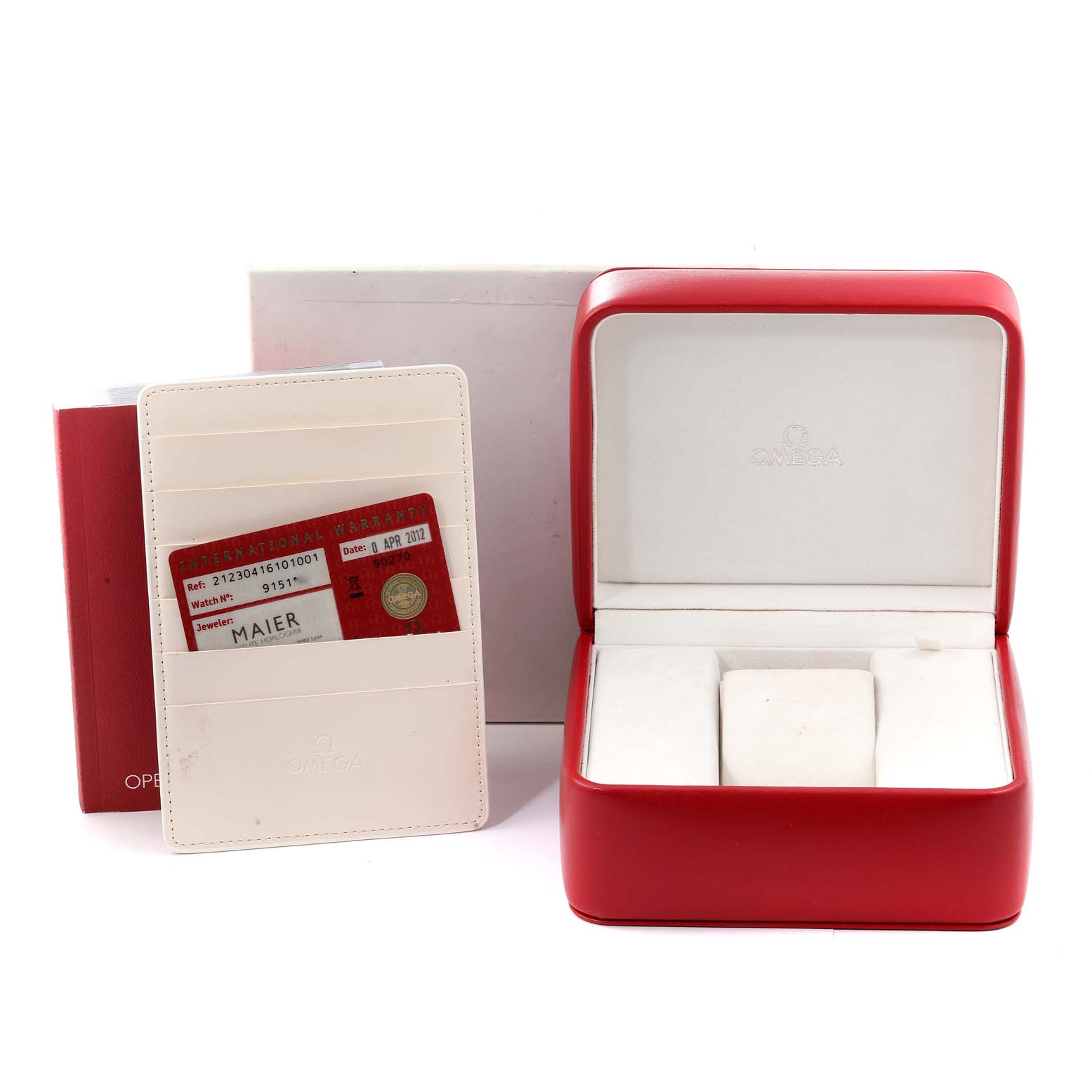 The image shows an Omega Seamaster 212.30.41.61.01.001 Men's Stainless Steel Black Dial 212.30.41.61.01.001 Men's Stainless Steel Black Dial watch box, a warranty card holder, and accompanying booklets.