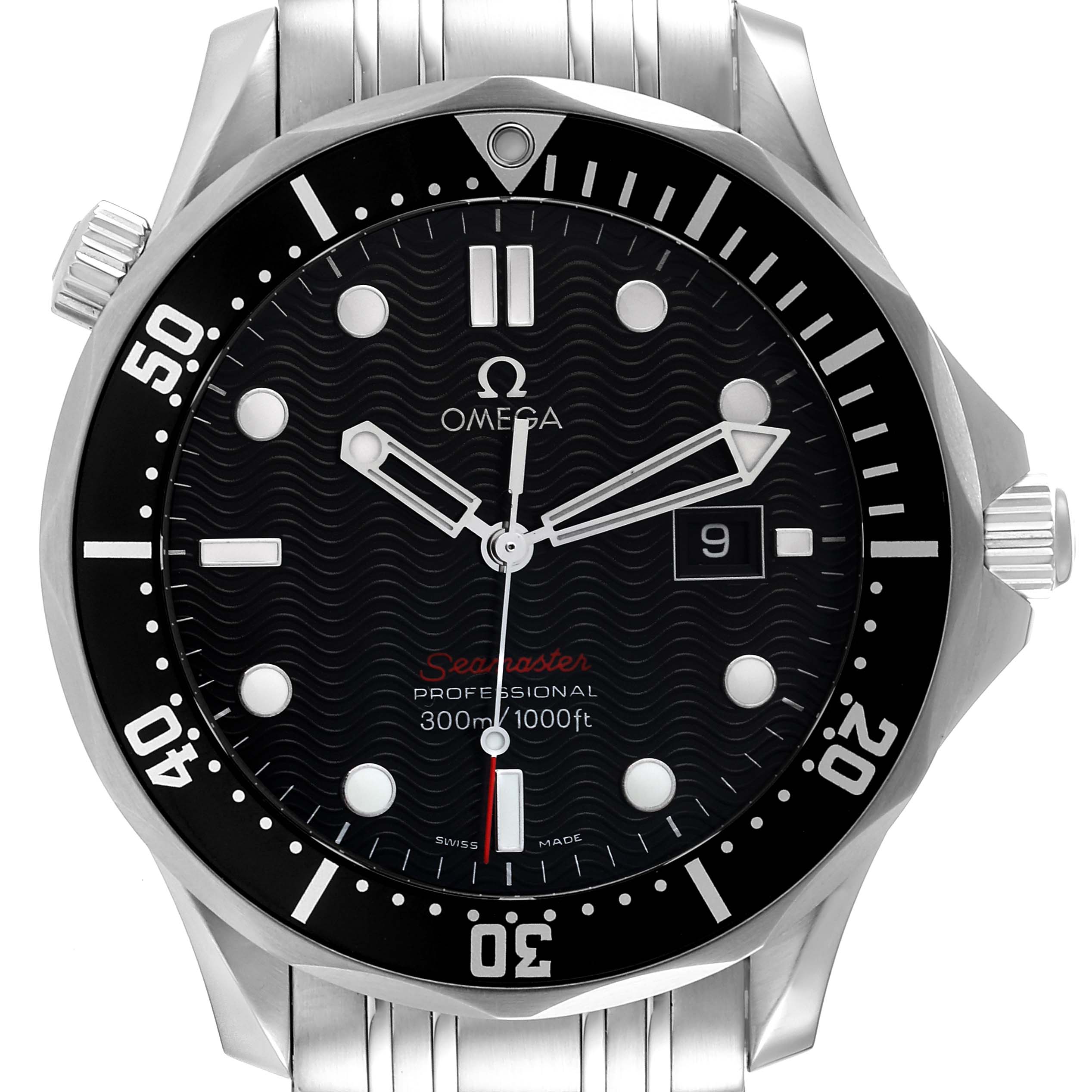 This Omega Seamaster 212.30.41.61.01.001 Men's Stainless Steel Black Dial 212.30.41.61.01.001 Men's Stainless Steel Black Dial watch is shown from a front angle, displaying the dial, bezel, hands, and part of the bracelet.