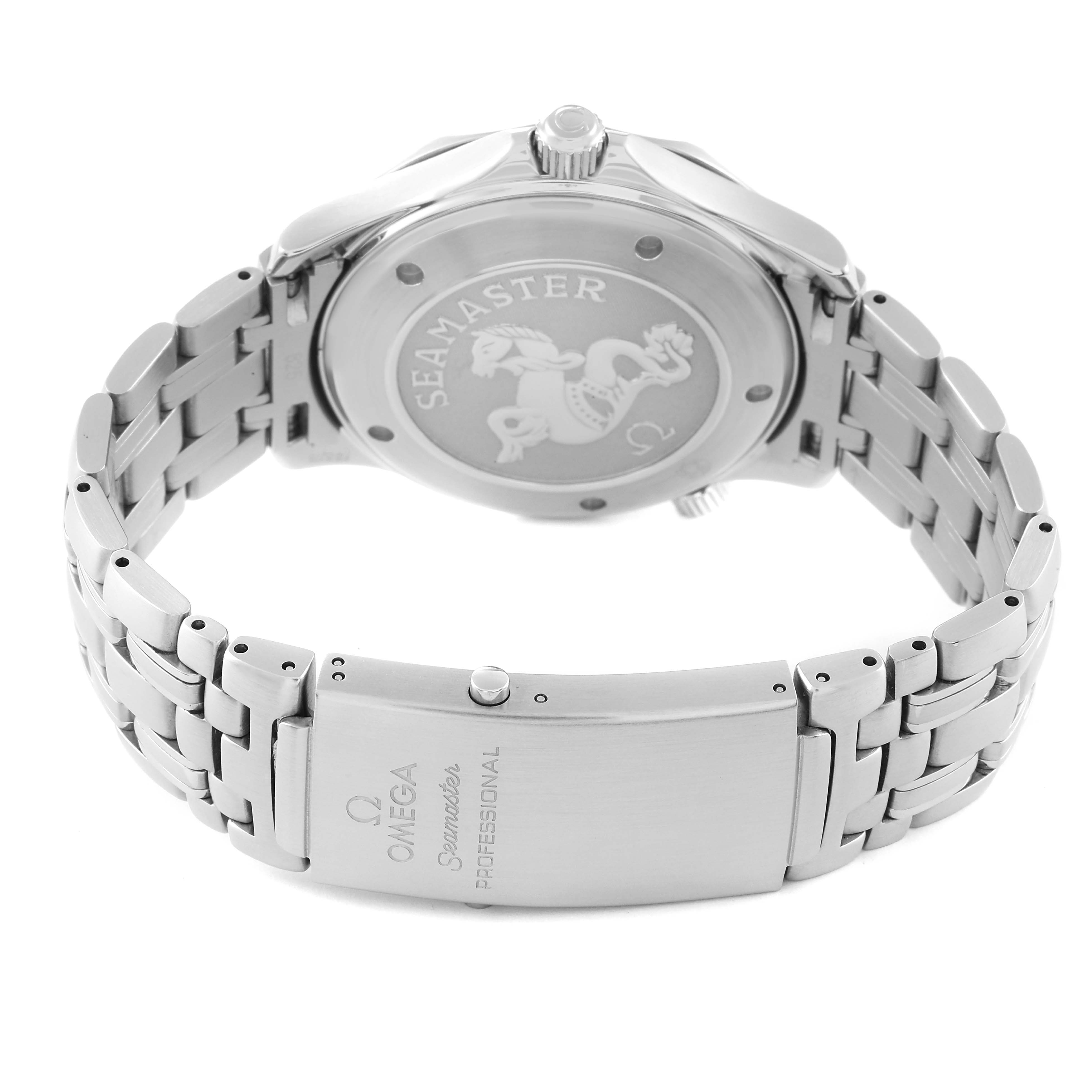 The image shows the back view of an Omega Seamaster 212.30.41.61.01.001 Men's Stainless Steel Black Dial 212.30.41.61.01.001 Men's Stainless Steel Black Dial watch with its stainless steel bracelet and clasp visible.