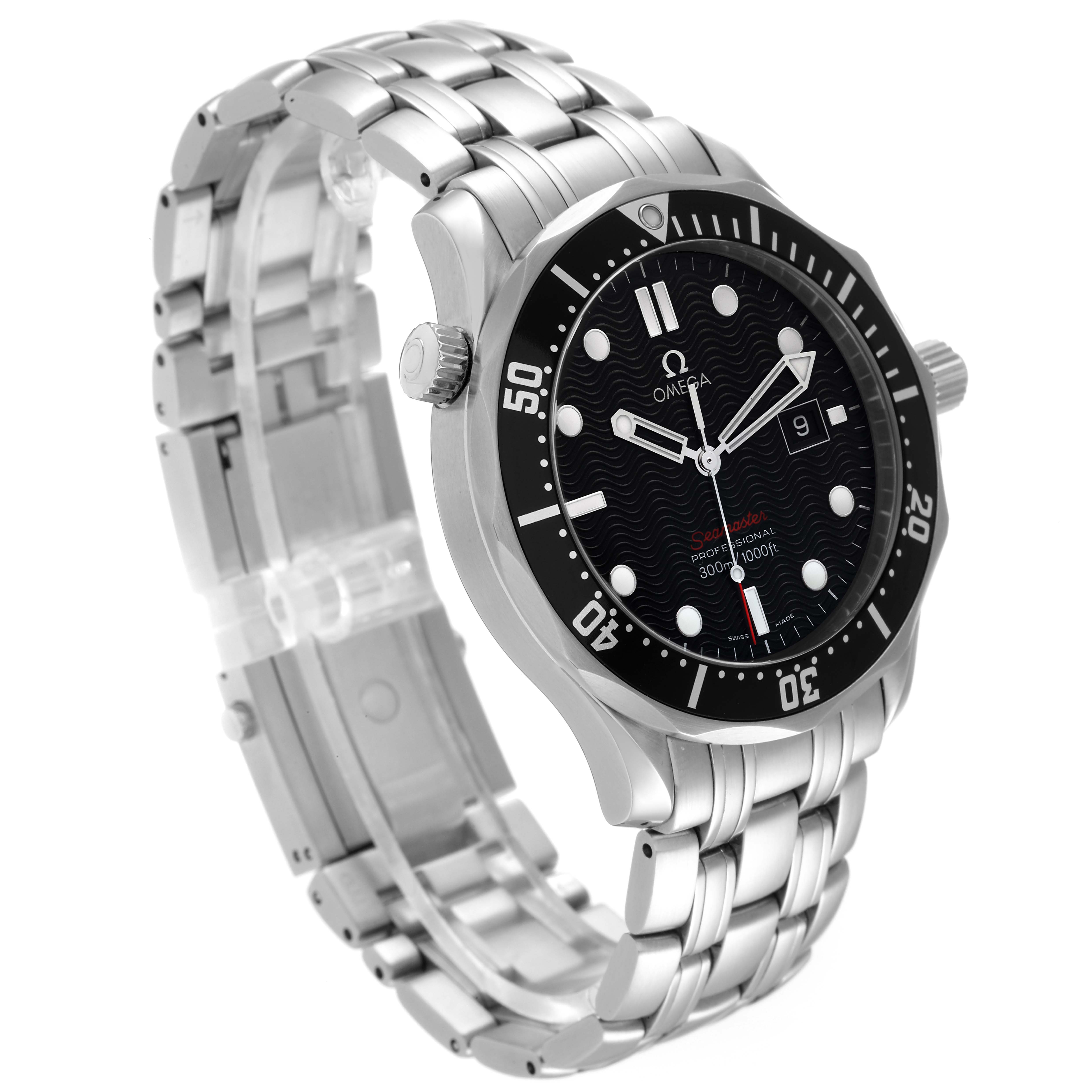 The image shows an Omega Seamaster 212.30.41.61.01.001 Men's Stainless Steel Black Dial 212.30.41.61.01.001 Men's Stainless Steel Black Dial watch at a three-quarter angle, highlighting its face, bezel, bracelet, and crown.