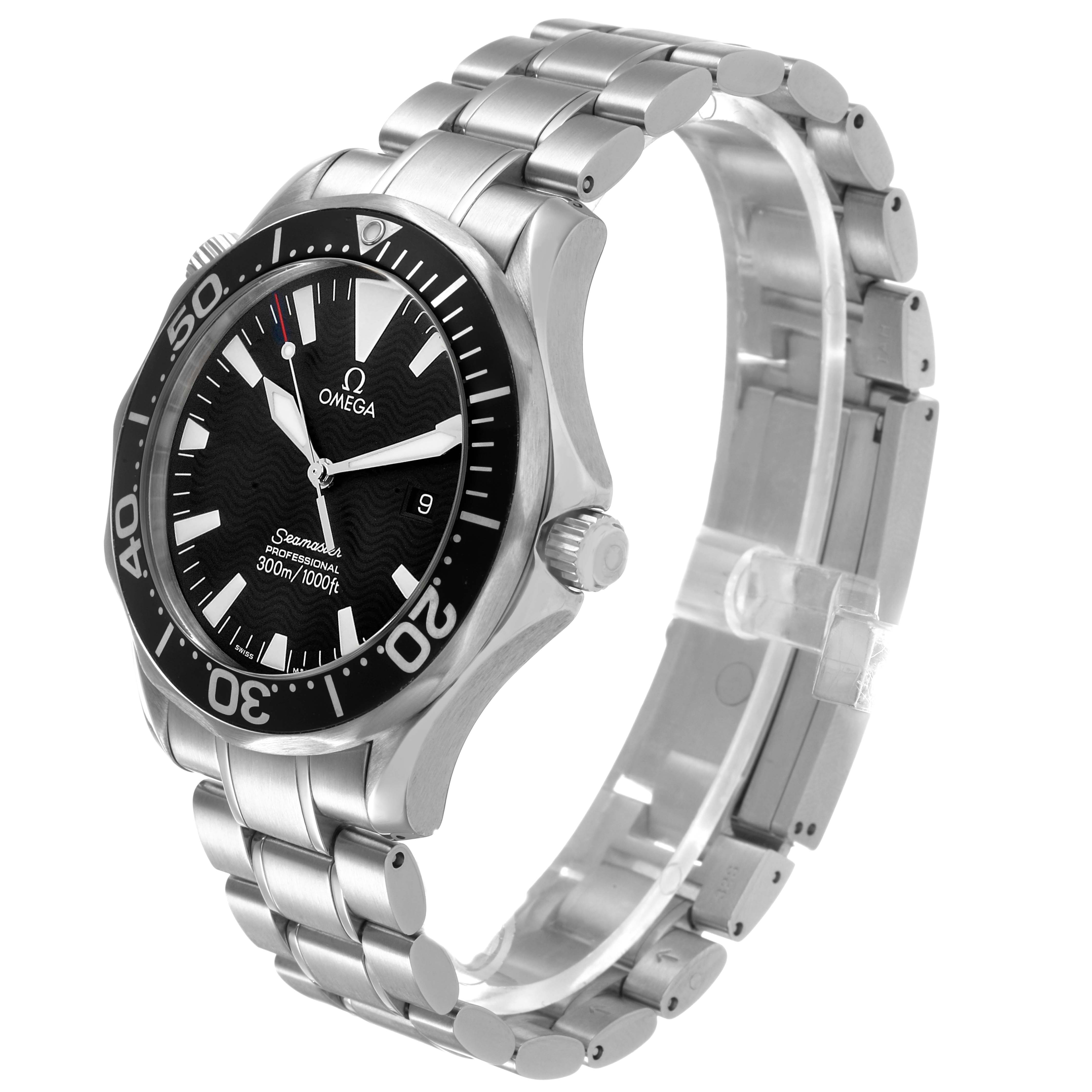 The Omega Seamaster 2264.50.00 Men's Stainless Steel Black Dial watch is shown at a three-quarter angle, highlighting the dial, bezel, crown, and bracelet.