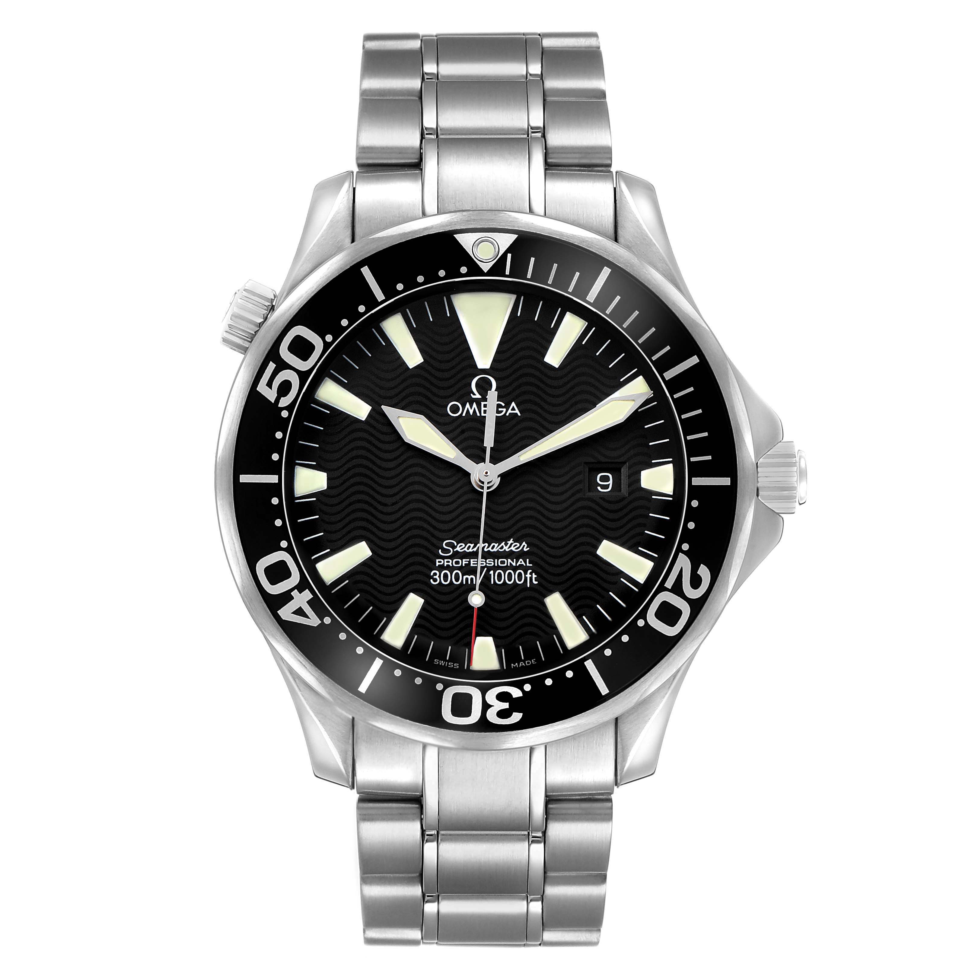 The image shows a front view of an Omega Seamaster 2264.50.00 Men's Stainless Steel Black Dial watch, displaying the bezel, dial, hands, bracelet, and crown.
