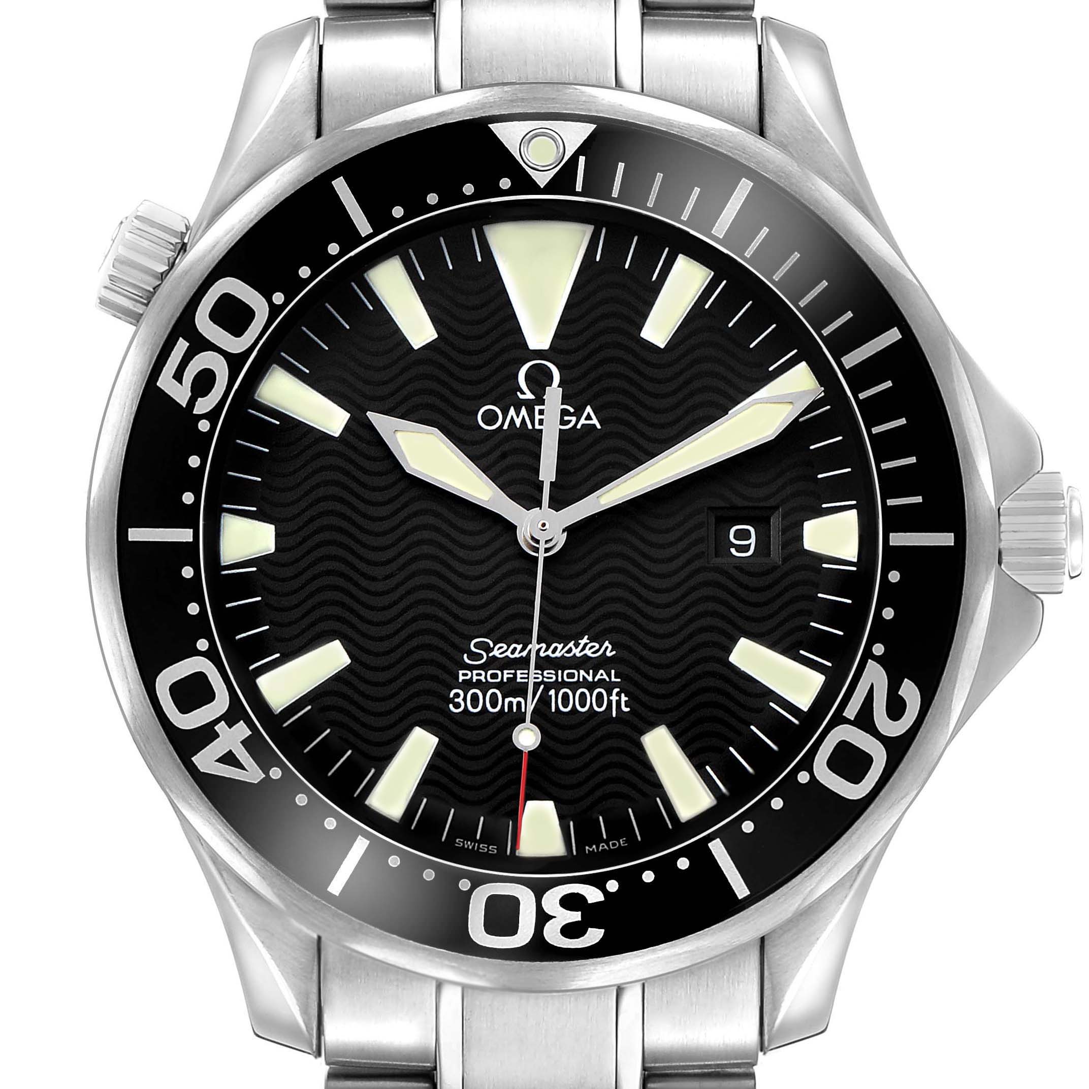 The Omega Seamaster 2264.50.00 Men's Stainless Steel Black Dial watch is shown from a front angle, displaying the dial, bezel, and part of the bracelet.