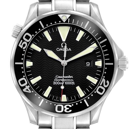 The Omega Seamaster 2264.50.00 Mens Stainless Steel Black Dial watch is shown from the front, displaying the face, bezel, and part of the bracelet.