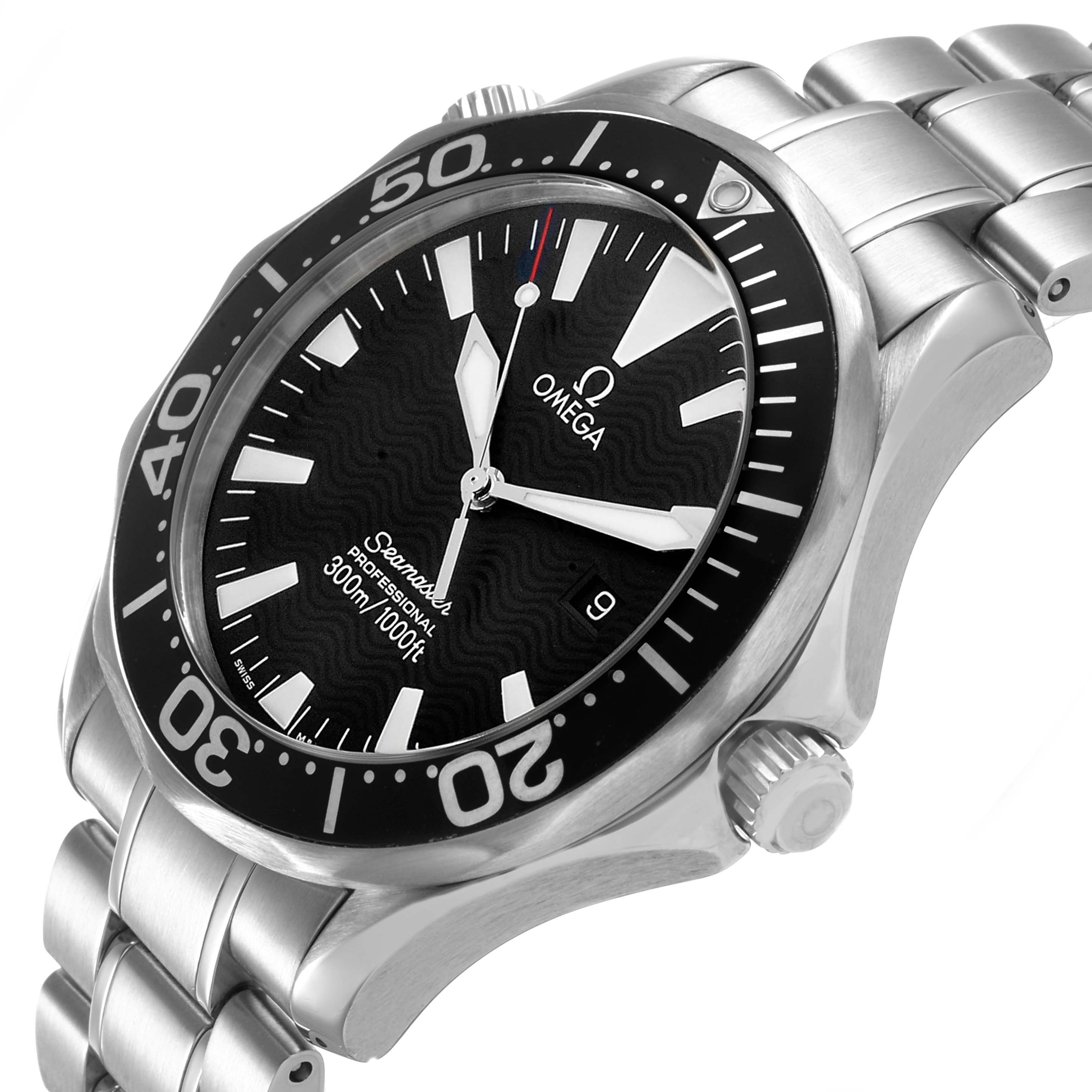 The Omega Seamaster 2264.50.00 Men's Stainless Steel Black Dial watch is shown at an angled side view, displaying the dial, bezel, crown, and part of the bracelet.