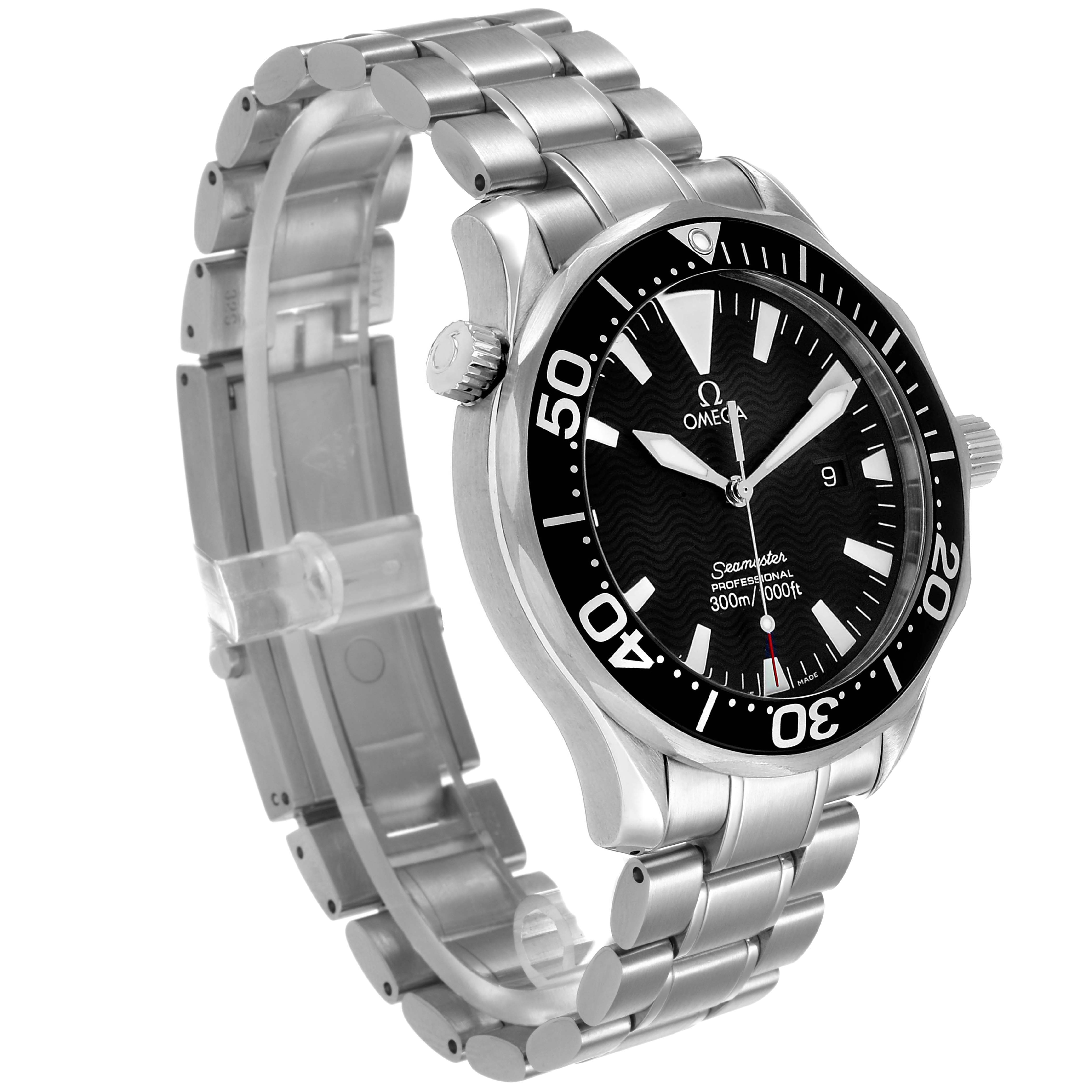 The Omega Seamaster 2264.50.00 Men's Stainless Steel Black Dial watch is shown at an angled side view, displaying the face, bezel, crown, and stainless steel bracelet.