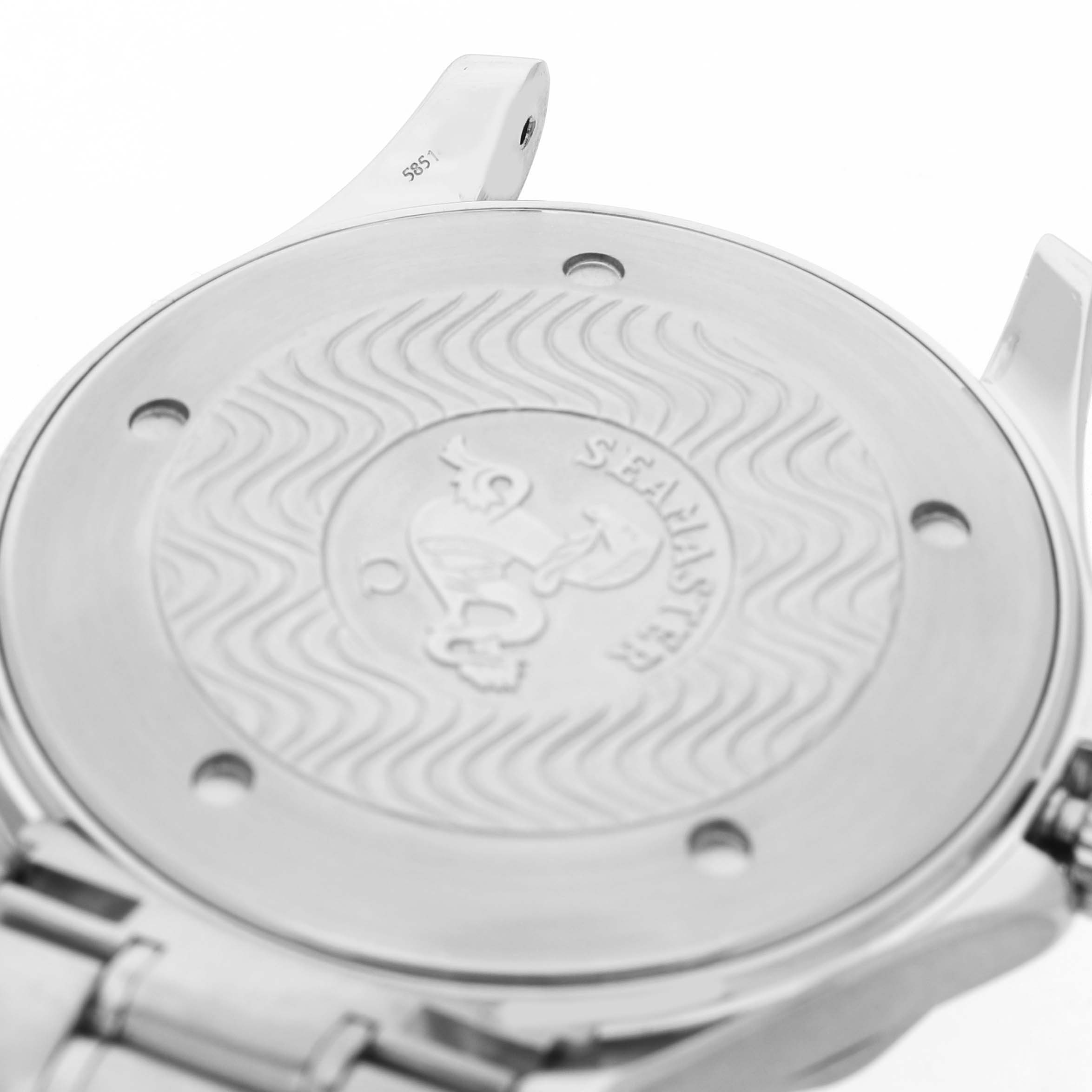 The image shows the case back of an Omega Seamaster 2264.50.00 Men's Stainless Steel Black Dial watch from a rear angle.