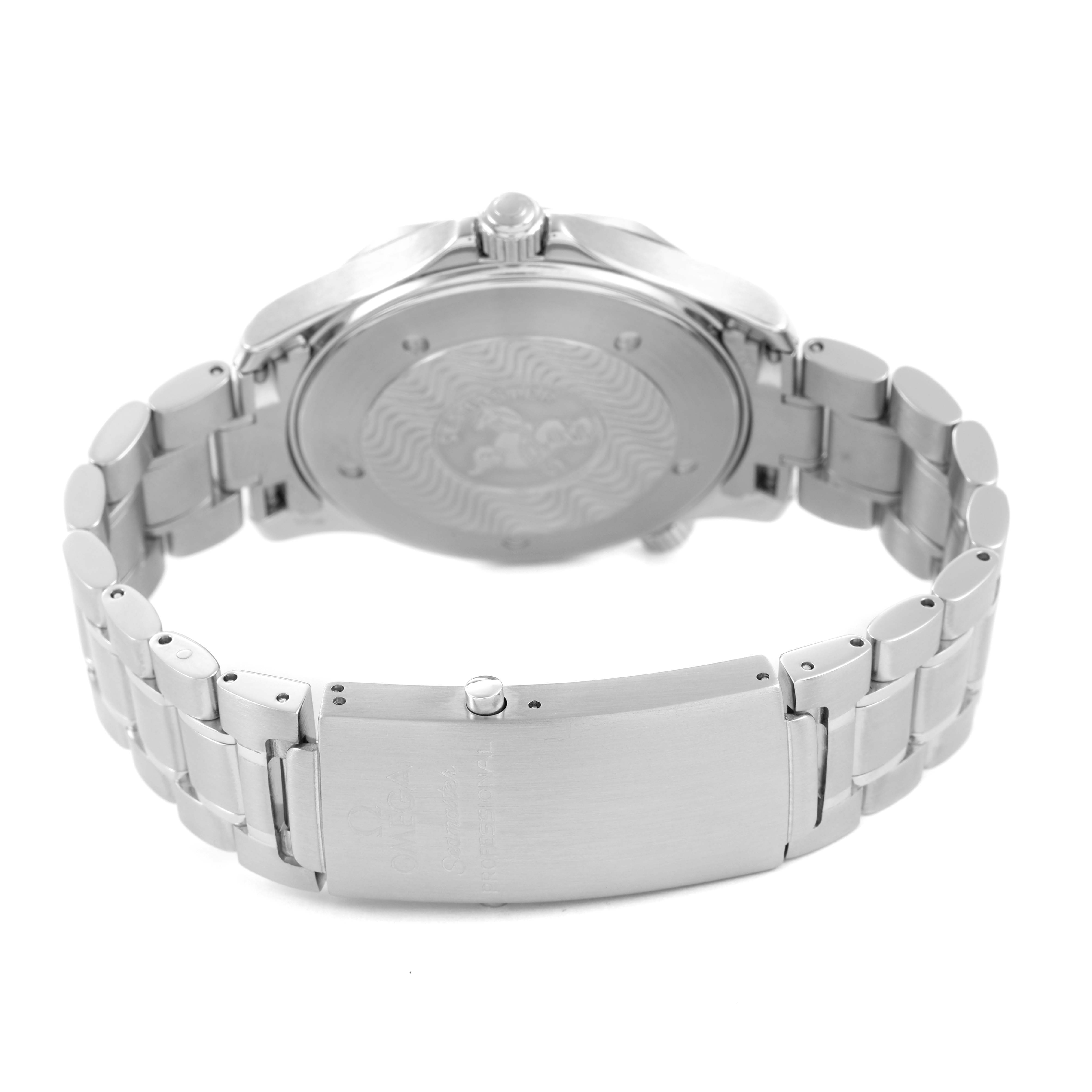 The image shows the back and clasp of an Omega Seamaster 2264.50.00 Men's Stainless Steel Black Dial watch, highlighting its stainless steel bracelet and case back.