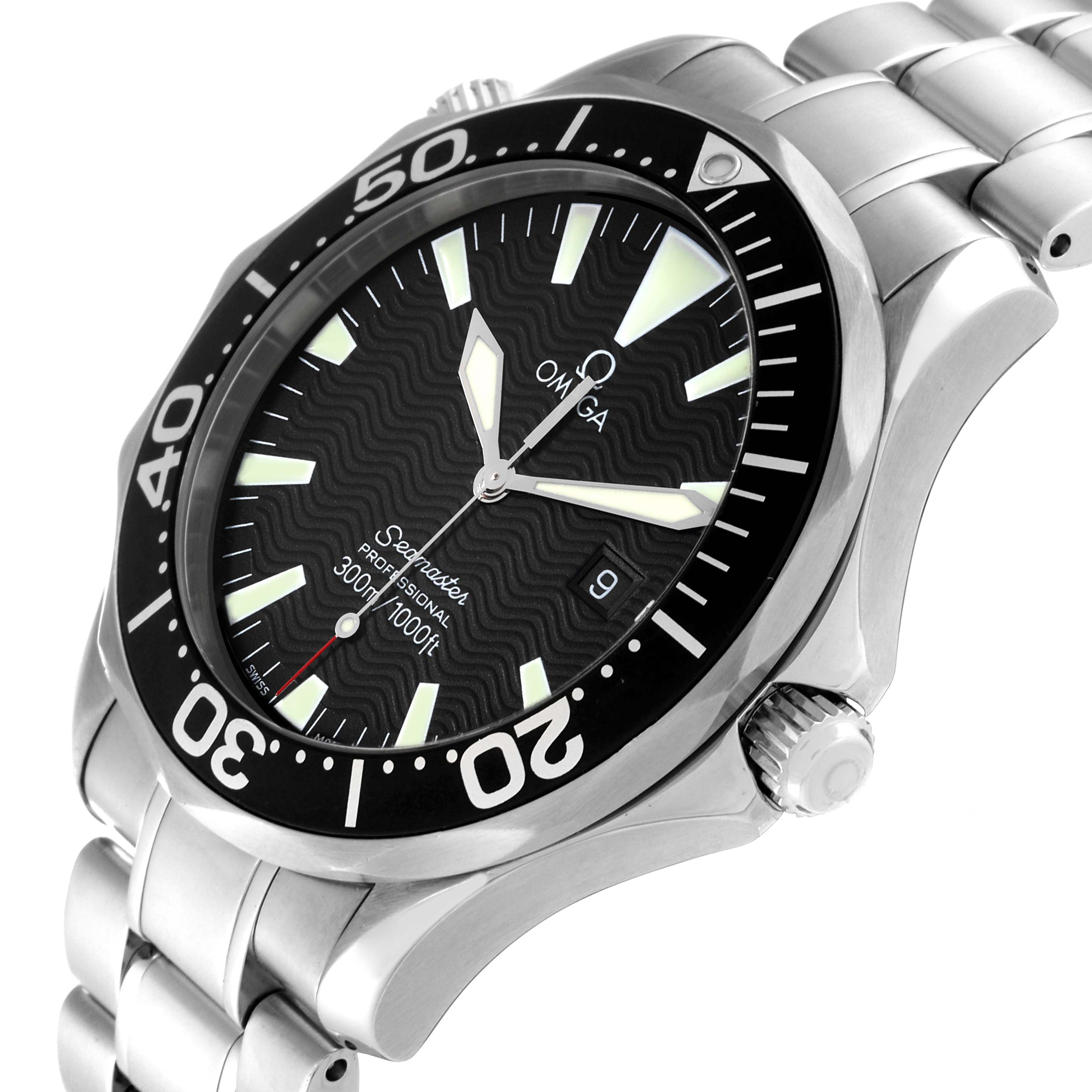 The image shows an Omega Seamaster 2264.50.00 Men
s Stainless Steel Black Dial 2264.50.00 Men
s Stainless Steel Black Dial watch from an angled side view, highlighting its bezel, dial, crown, and bracelet.