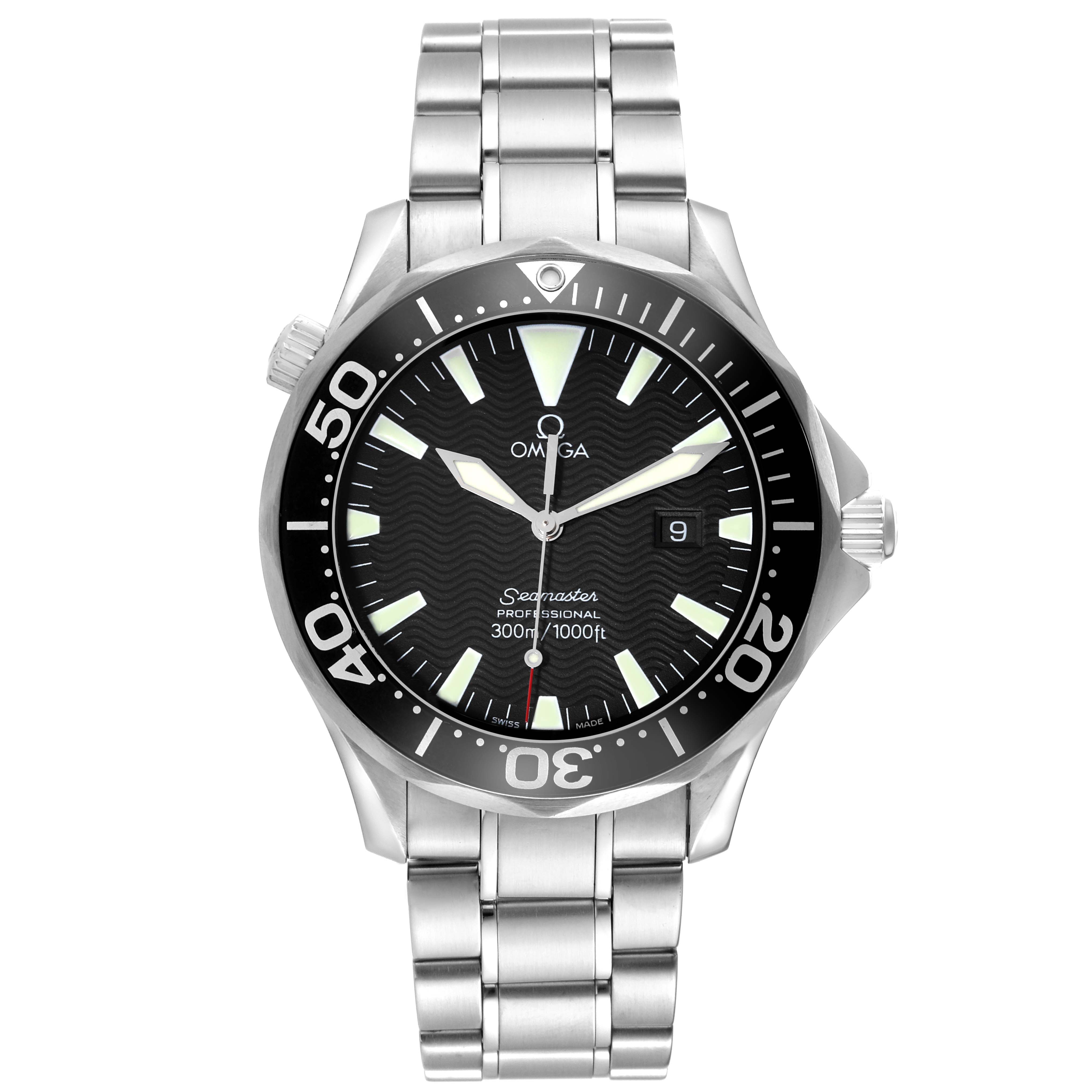 The Omega Seamaster 2264.50.00 Men
s Stainless Steel Black Dial 2264.50.00 Men
s Stainless Steel Black Dial watch is shown from a front view, displaying its black dial, bezel, and metal bracelet.