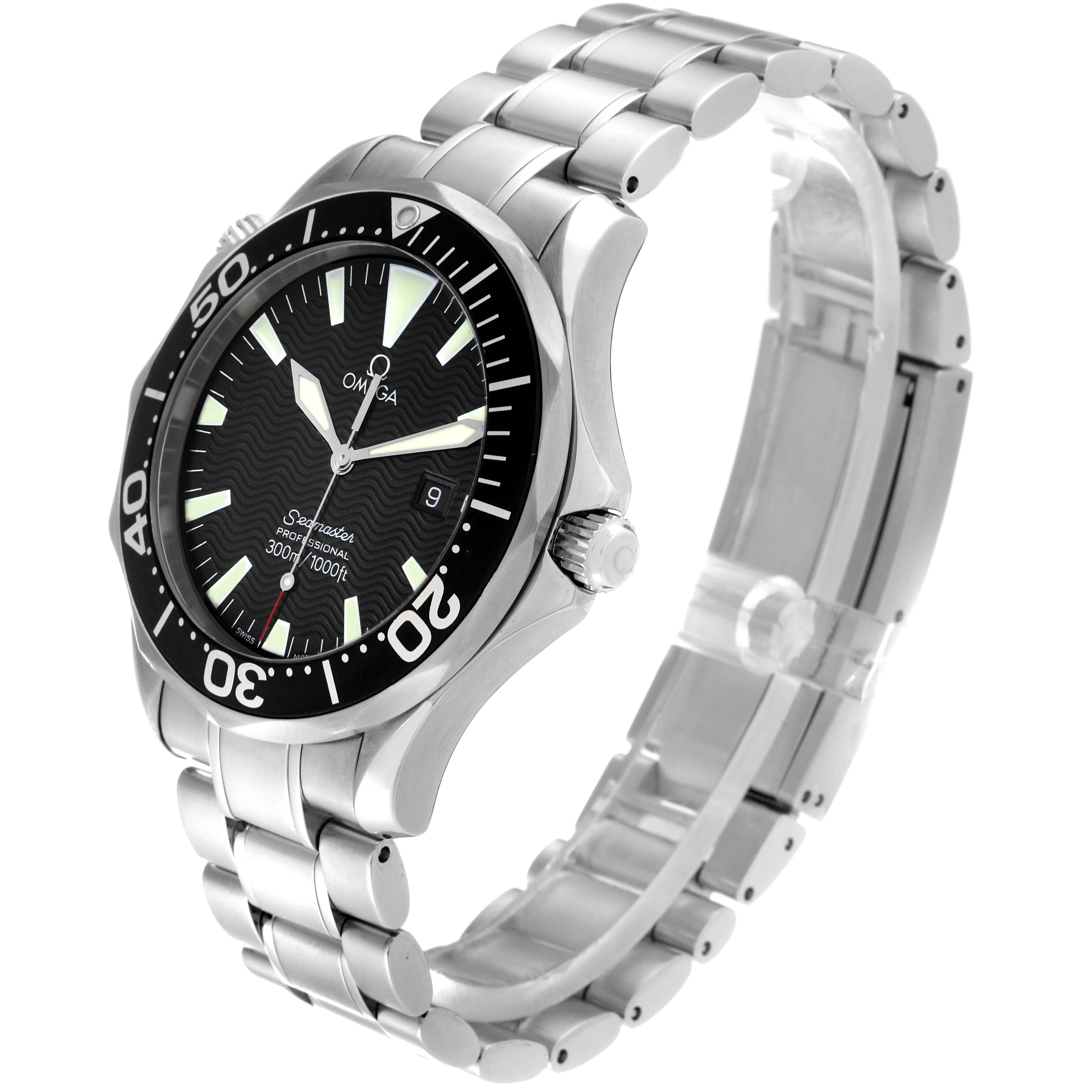 The image shows an Omega Seamaster 2264.50.00 Men
s Stainless Steel Black Dial 2264.50.00 Men
s Stainless Steel Black Dial watch at a three-quarter angle, highlighting its black dial, bezel, crown, and metal bracelet.