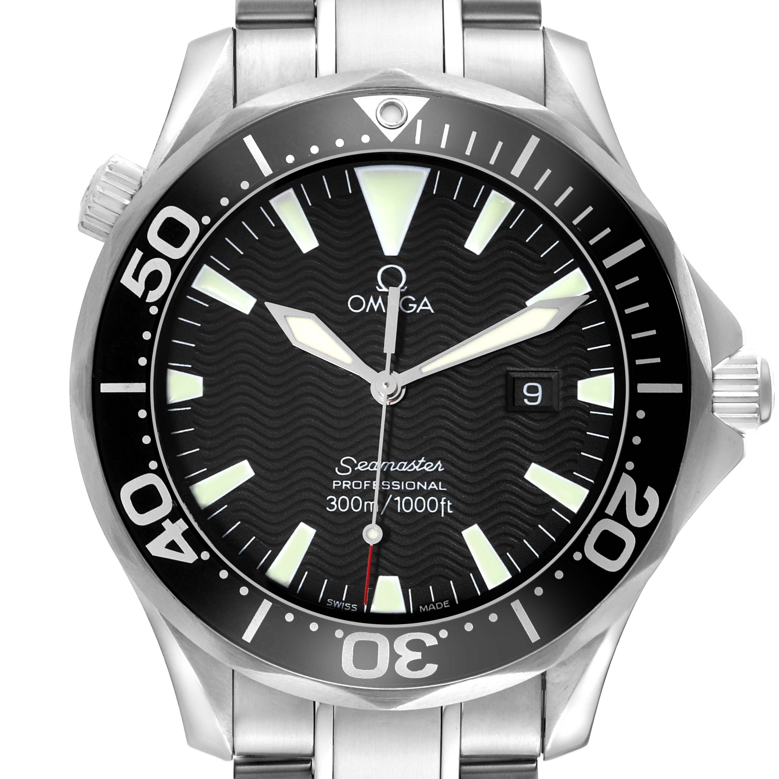 This image shows the front view of the Omega Seamaster 2264.50.00 Men
s Stainless Steel Black Dial 2264.50.00 Men
s Stainless Steel Black Dial watch, highlighting the bezel, dial, hands, and bracelet.