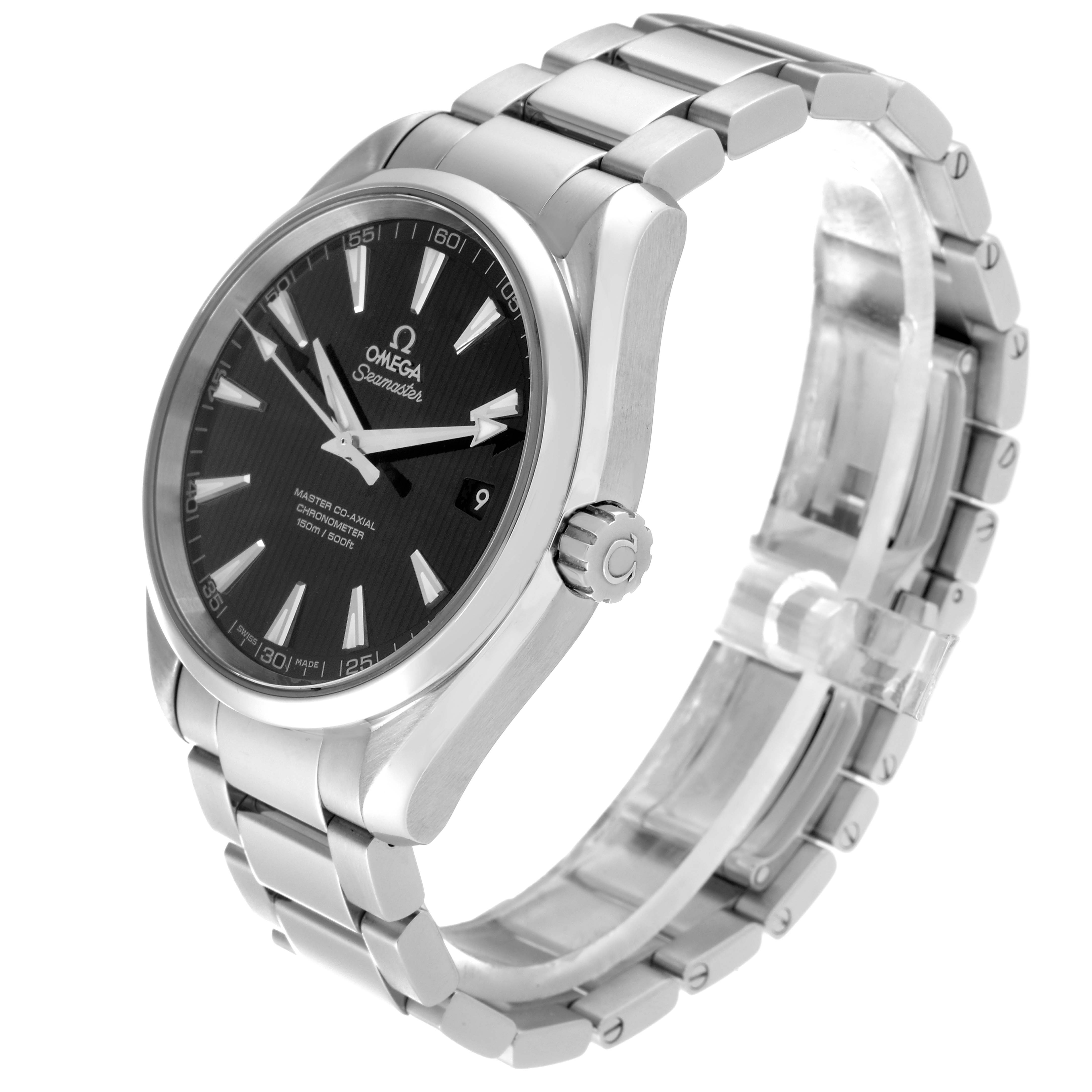 The image displays an Omega Aqua Terra 231.10.42.21.01.003 Men's Stainless Steel Black Dial 231.10.42.21.01.003 Men's Stainless Steel Black Dial watch angled to show the face, crown, bracelet, and partially the clasp.