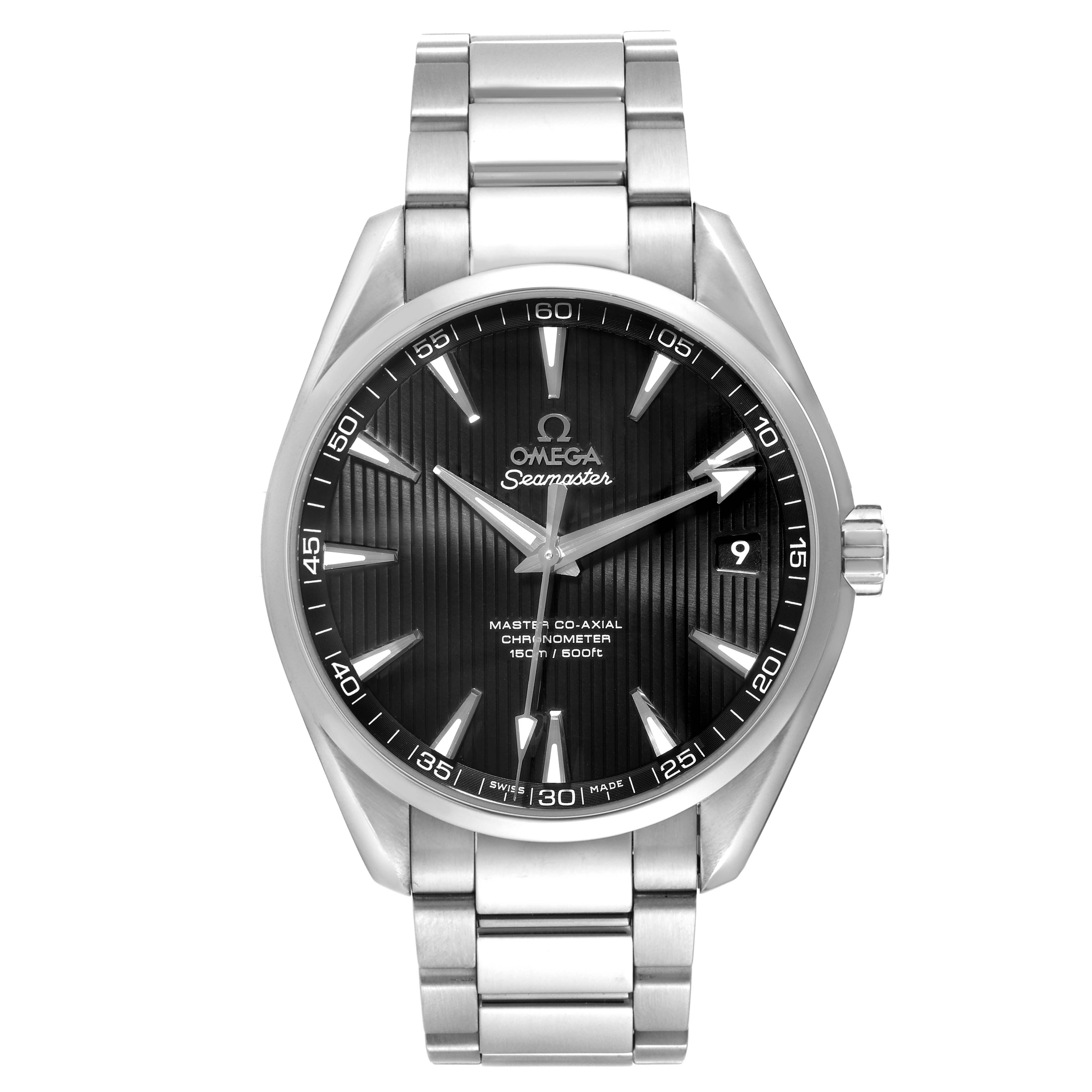 This image shows the front view of the Omega Aqua Terra 231.10.42.21.01.003 Men's Stainless Steel Black Dial 231.10.42.21.01.003 Men's Stainless Steel Black Dial watch, displaying its dial, hands, bracelet, and crown.