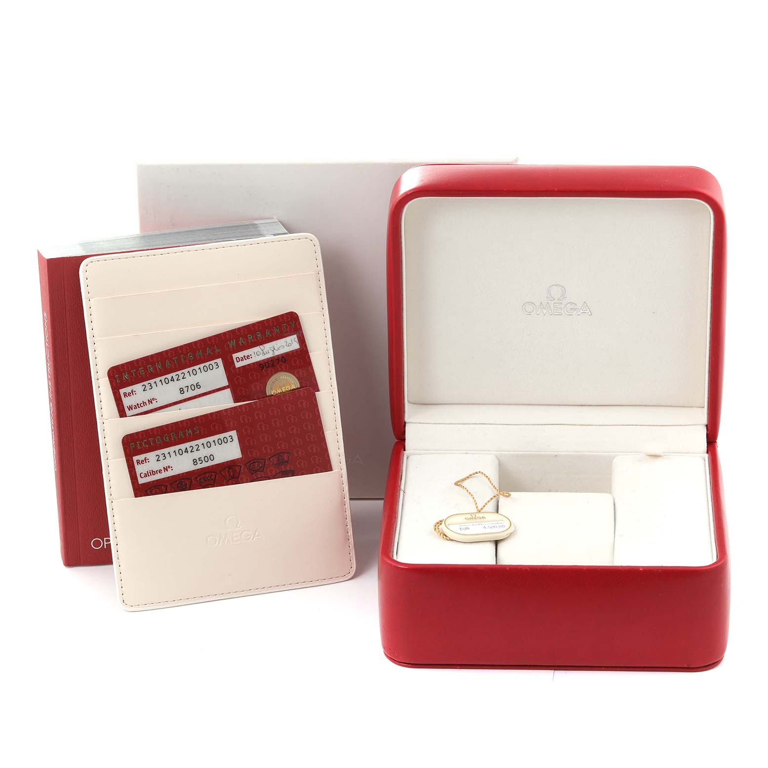 The image shows the packaging, warranty cards, and manual for the Omega Aqua Terra 231.10.42.21.01.003 Men's Stainless Steel Black Dial 231.10.42.21.01.003 Men's Stainless Steel Black Dial model watch.