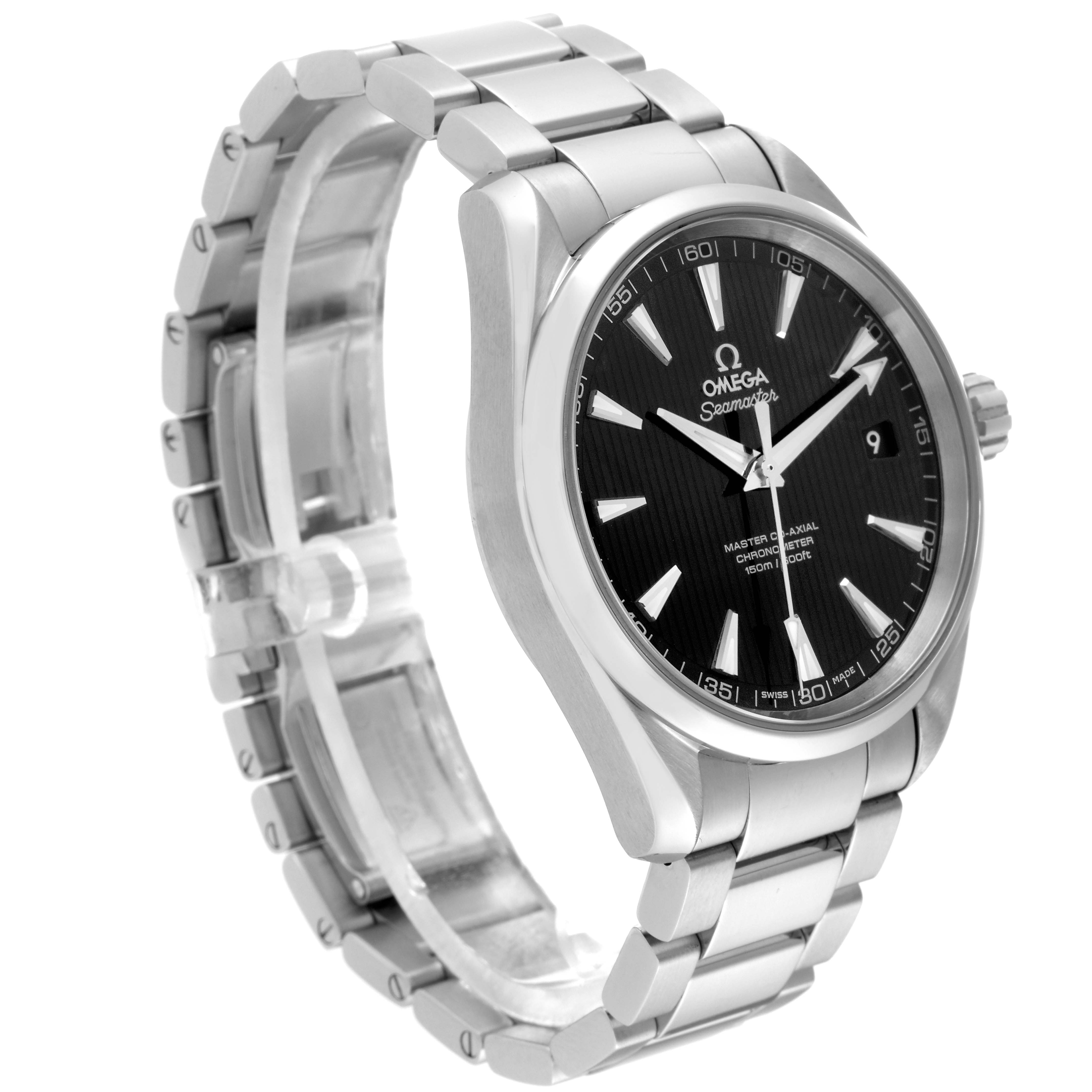 The image shows an Omega Aqua Terra 231.10.42.21.01.003 Men's Stainless Steel Black Dial 231.10.42.21.01.003 Men's Stainless Steel Black Dial watch at a three-quarter angle, highlighting the black dial, bracelet, and part of the crown.