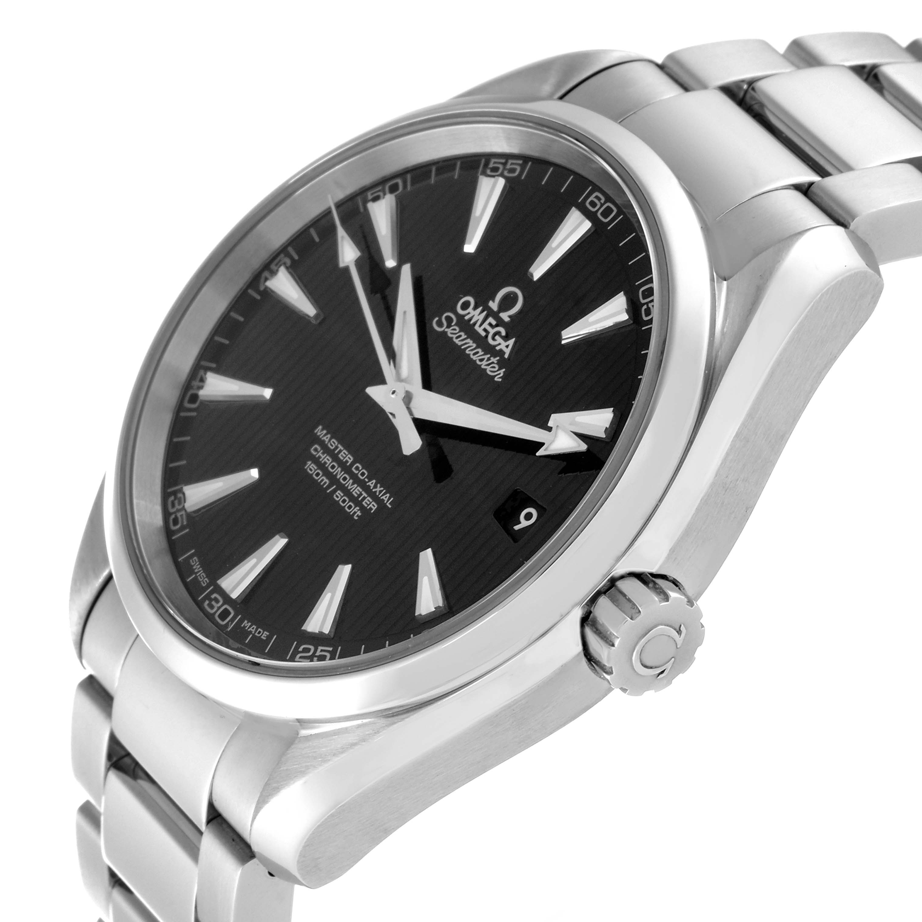 This is an angled view of the Omega Aqua Terra 231.10.42.21.01.003 Men's Stainless Steel Black Dial 231.10.42.21.01.003 Men's Stainless Steel Black Dial watch showing the face, crown, and part of the bracelet.