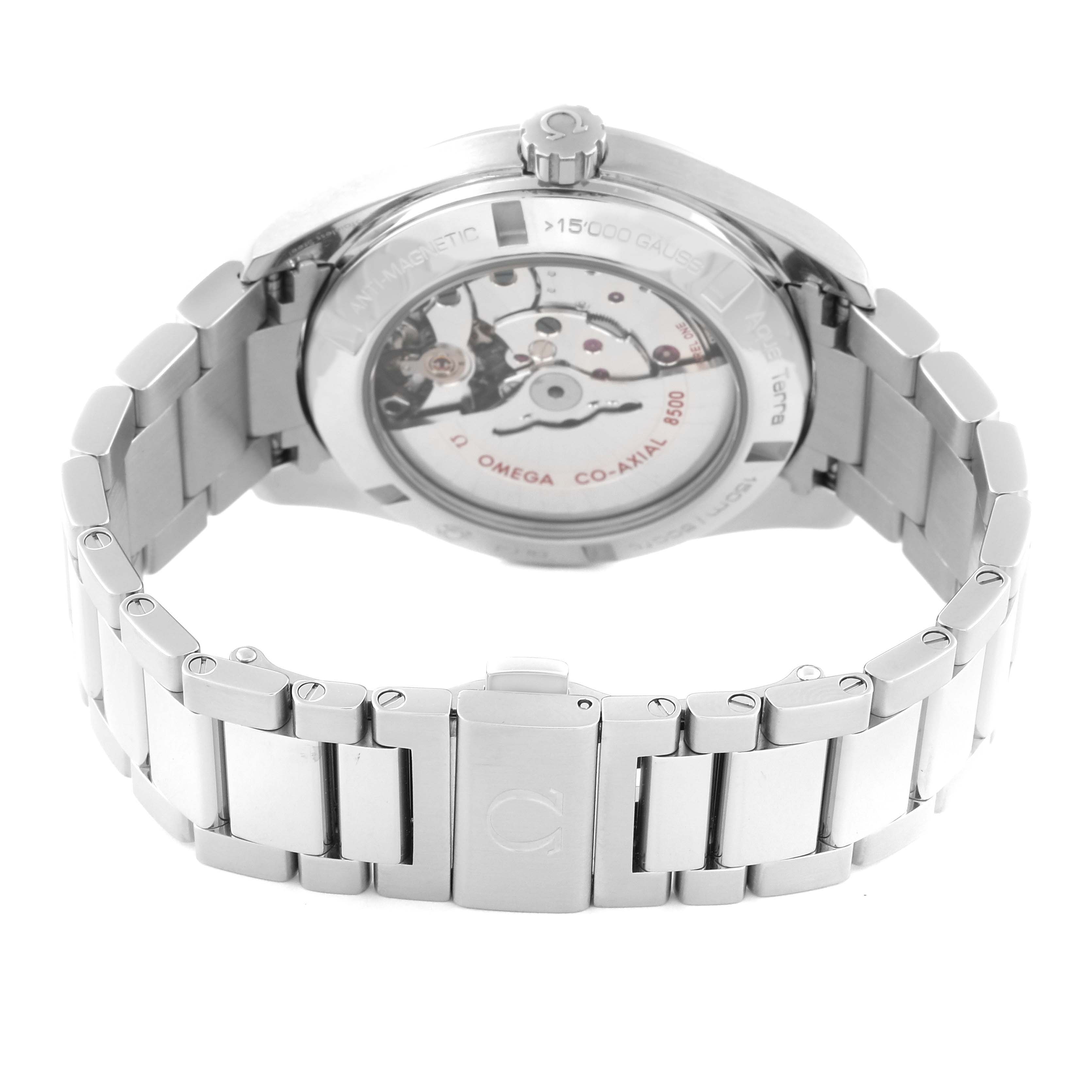 The image shows the back angle of the Omega Aqua Terra 231.10.42.21.01.003 Men's Stainless Steel Black Dial 231.10.42.21.01.003 Men's Stainless Steel Black Dial watch, focusing on the transparent case back and metal bracelet.