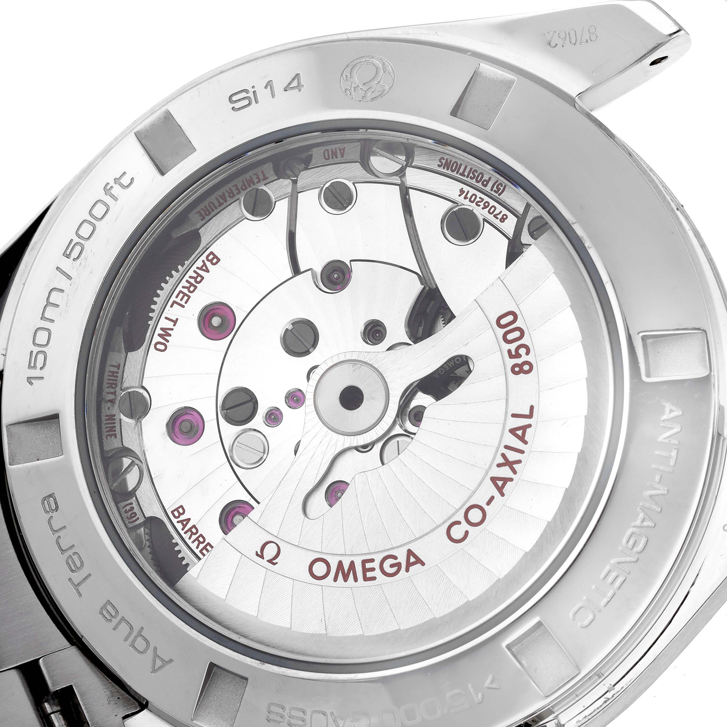 This image shows the back view of the Omega Aqua Terra 231.10.42.21.01.003 Men's Stainless Steel Black Dial 231.10.42.21.01.003 Men's Stainless Steel Black Dial watch, highlighting the Co-Axial 8500 movement.