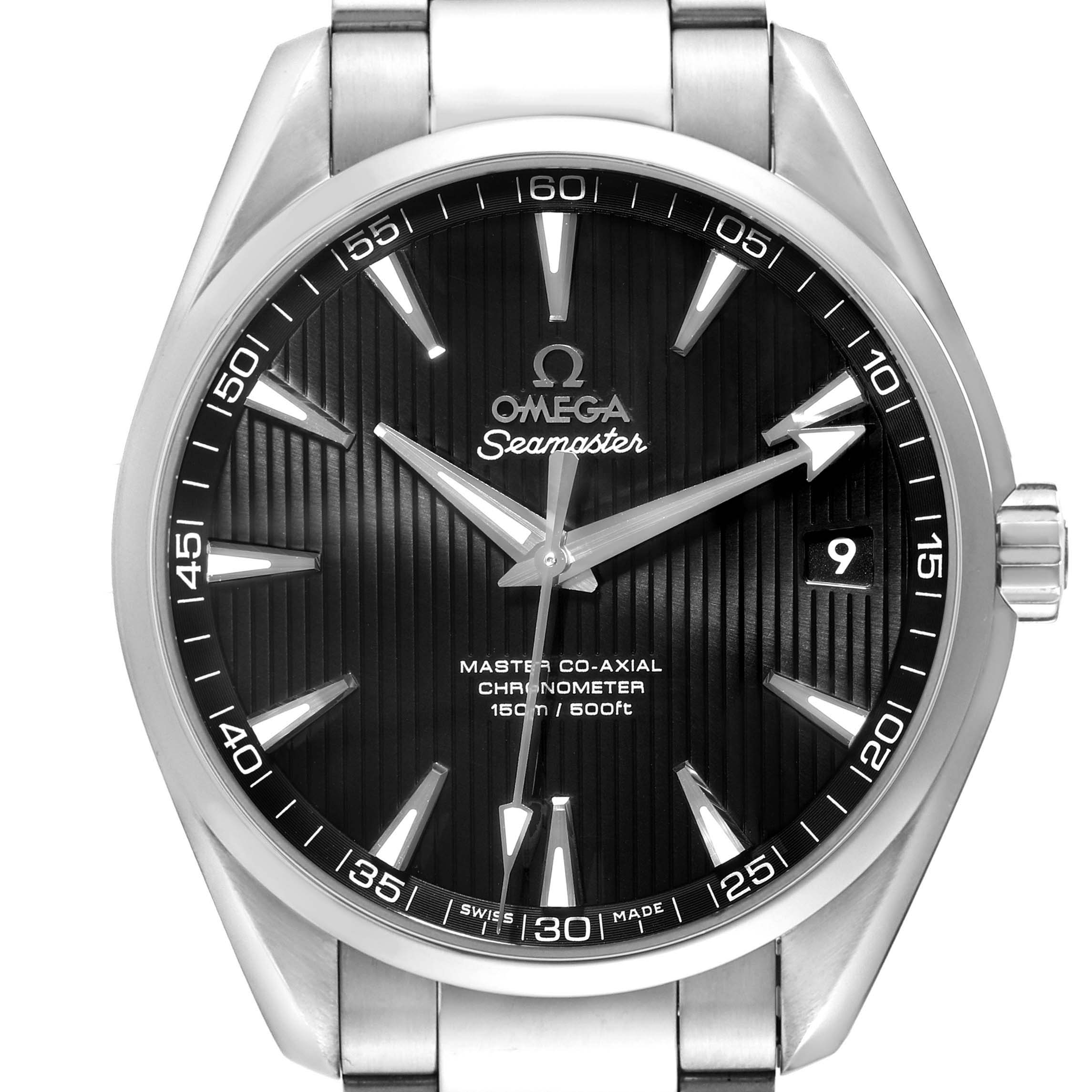 The image shows a close-up frontal view of the Omega Aqua Terra 231.10.42.21.01.003 Men's Stainless Steel Black Dial 231.10.42.21.01.003 Men's Stainless Steel Black Dial model, highlighting the dial, hour markers, hands, and crown.