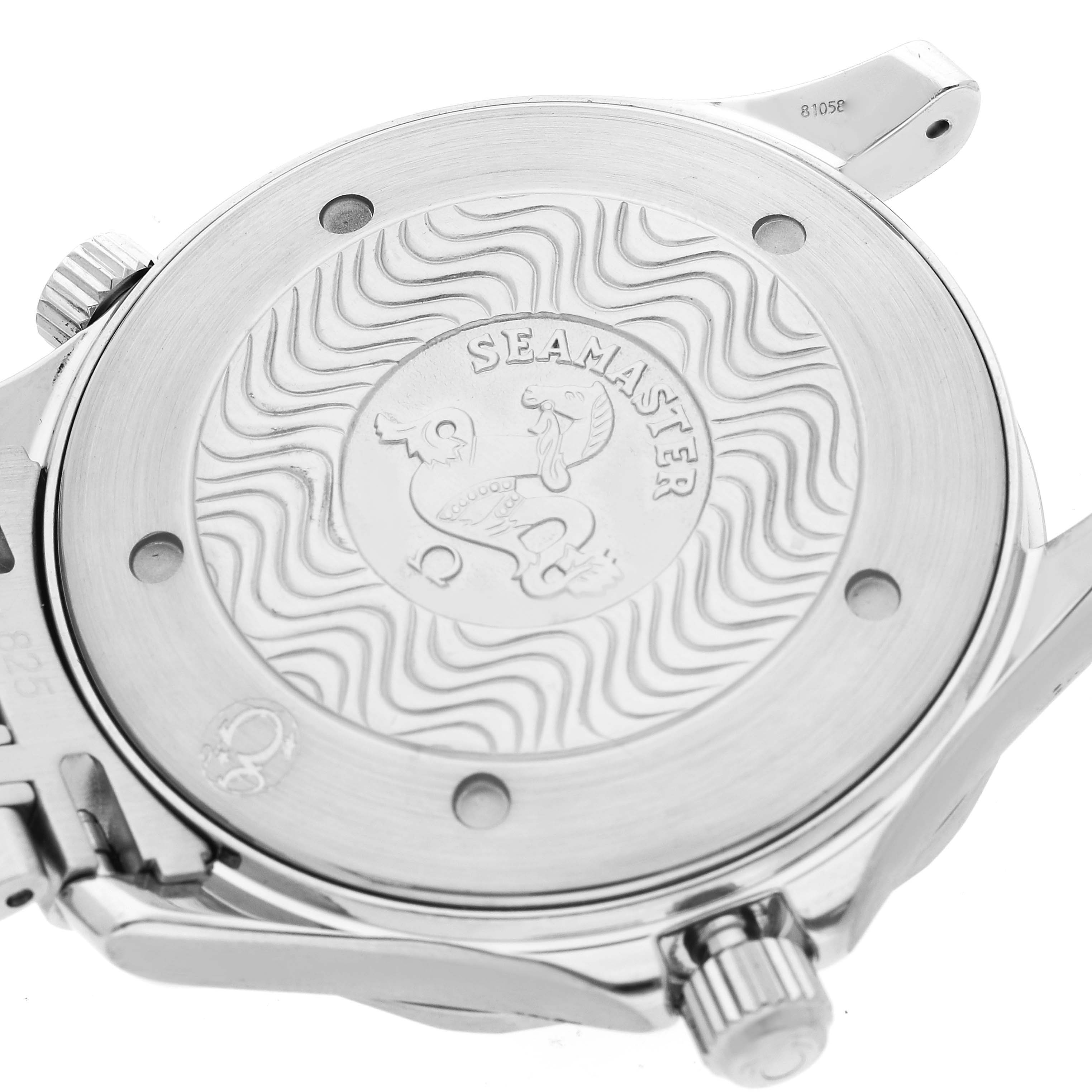 This image shows the case back and crown of the Omega Seamaster 2531.80.00 Men's Stainless Steel Blue Dial 2531.80.00 Men's Stainless Steel Blue Dial watch, featuring the distinct Seamaster emblem.