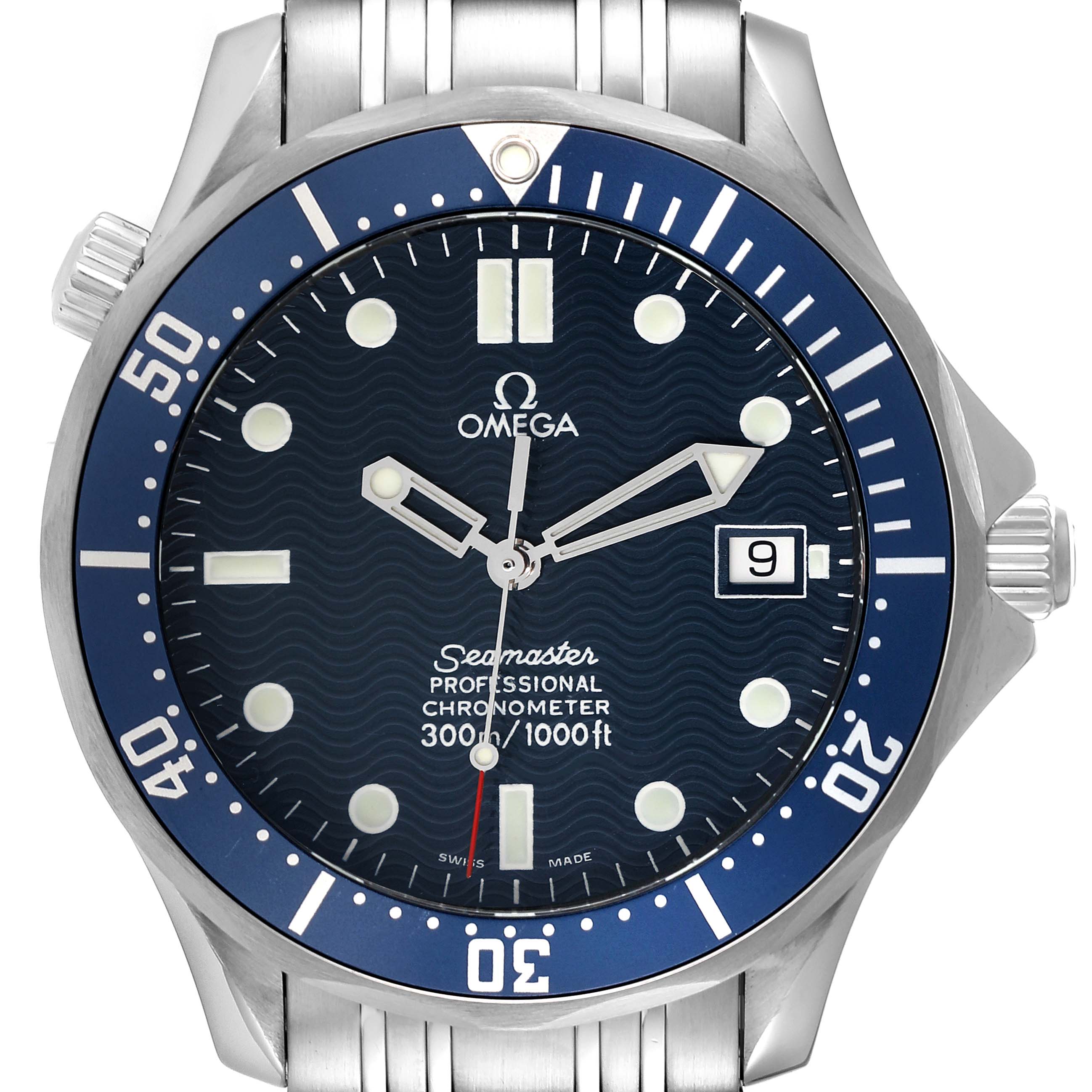 This image shows a front view of the Omega Seamaster 2531.80.00 Men's Stainless Steel Blue Dial 2531.80.00 Men's Stainless Steel Blue Dial watch, displaying the face, bezel, hands, and date window.