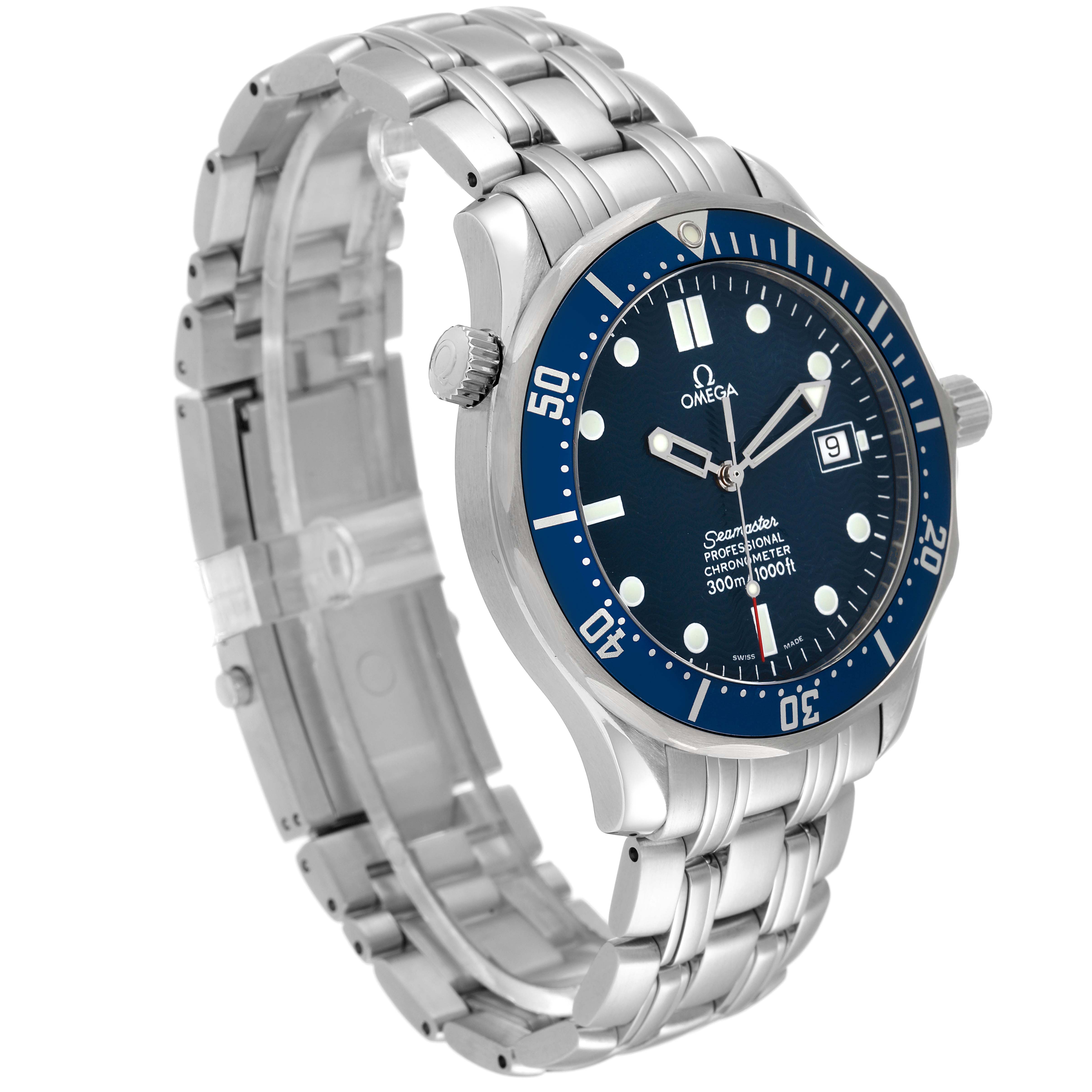 The Omega Seamaster 2531.80.00 Men's Stainless Steel Blue Dial 2531.80.00 Men's Stainless Steel Blue Dial watch is shown at a three-quarter angle, highlighting its stainless steel bracelet, blue dial, and bezel.