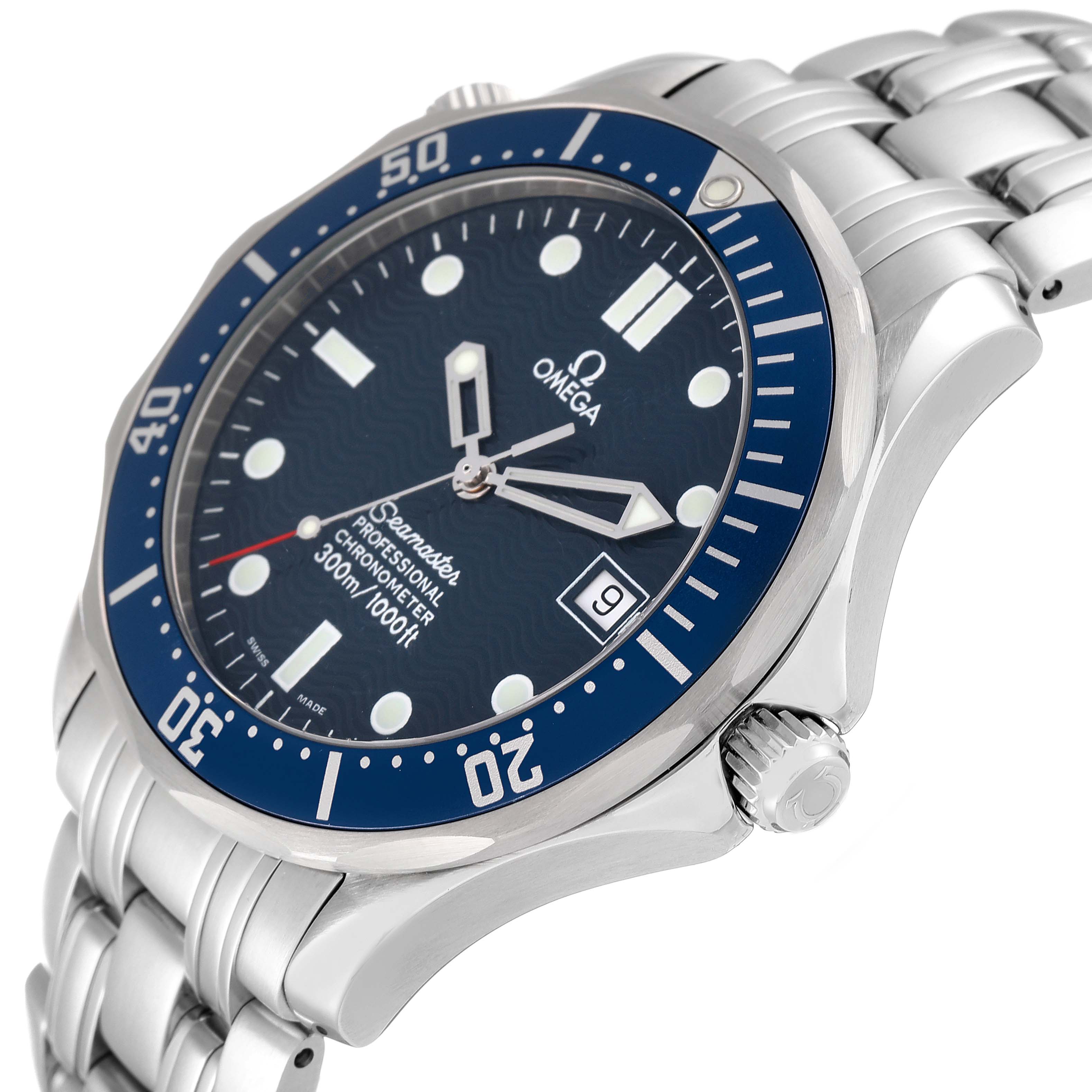 The Omega Seamaster 2531.80.00 Men's Stainless Steel Blue Dial 2531.80.00 Men's Stainless Steel Blue Dial watch is shown from a left side angle, highlighting the bezel, dial, crown, and part of the bracelet.