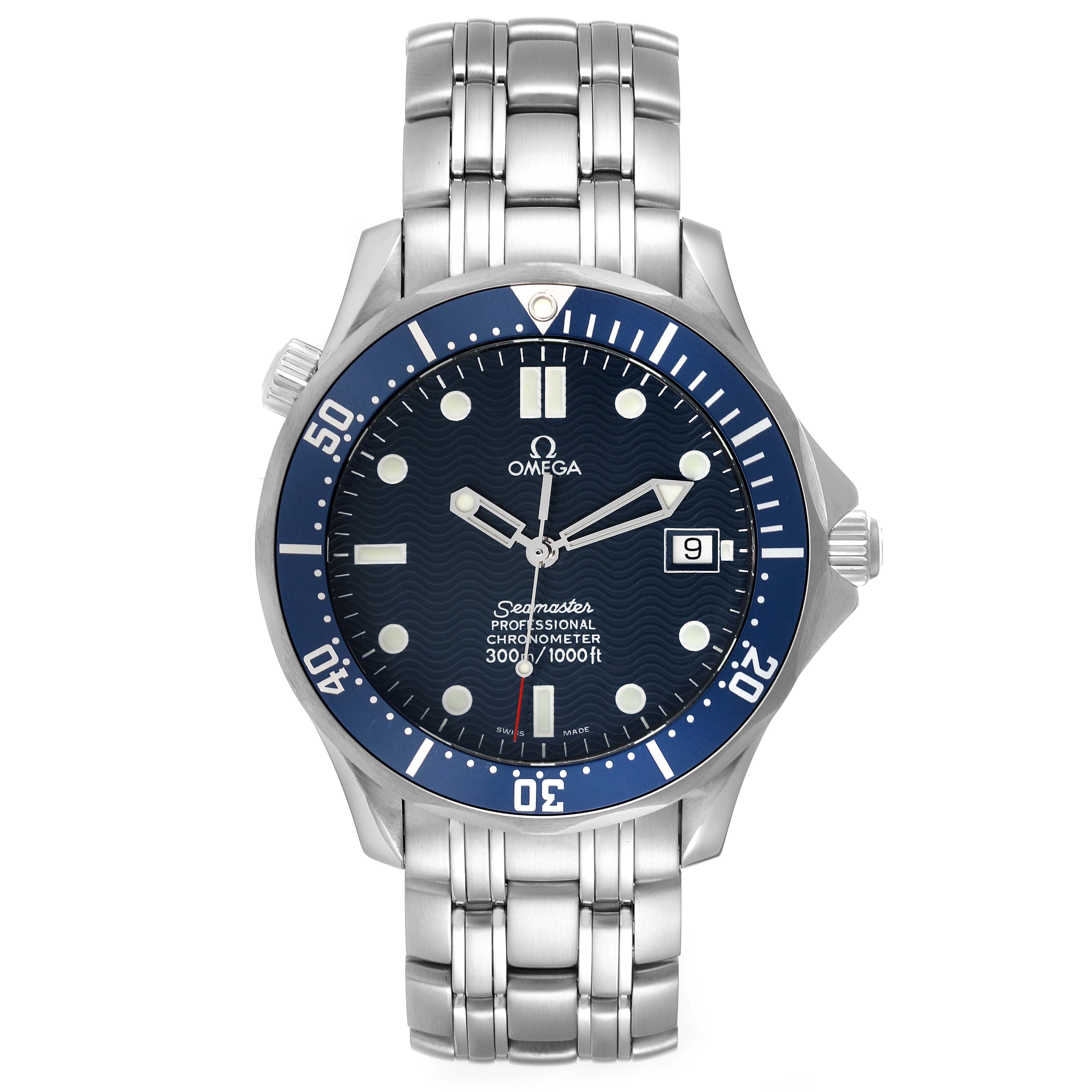 The Omega Seamaster 2531.80.00 Men's Stainless Steel Blue Dial 2531.80.00 Men's Stainless Steel Blue Dial watch is shown from a front view, displaying its face, bezel, bracelet, and date window.