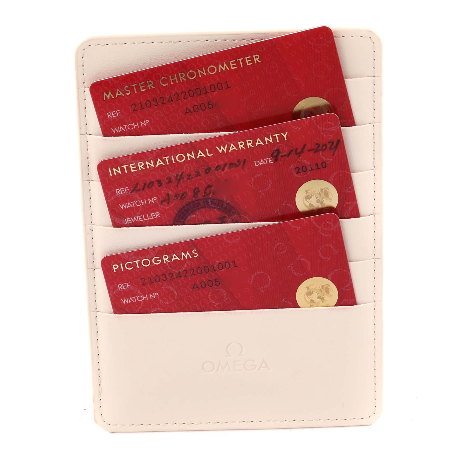 The image displays the certification cards (Master Chronometer, International Warranty, and Pictograms) for the Omega Seamaster 210.32.42.20.01.001 Men's Stainless Steel Black Dial 210.32.42.20.01.001 Men's Stainless Steel Black Dial watch.