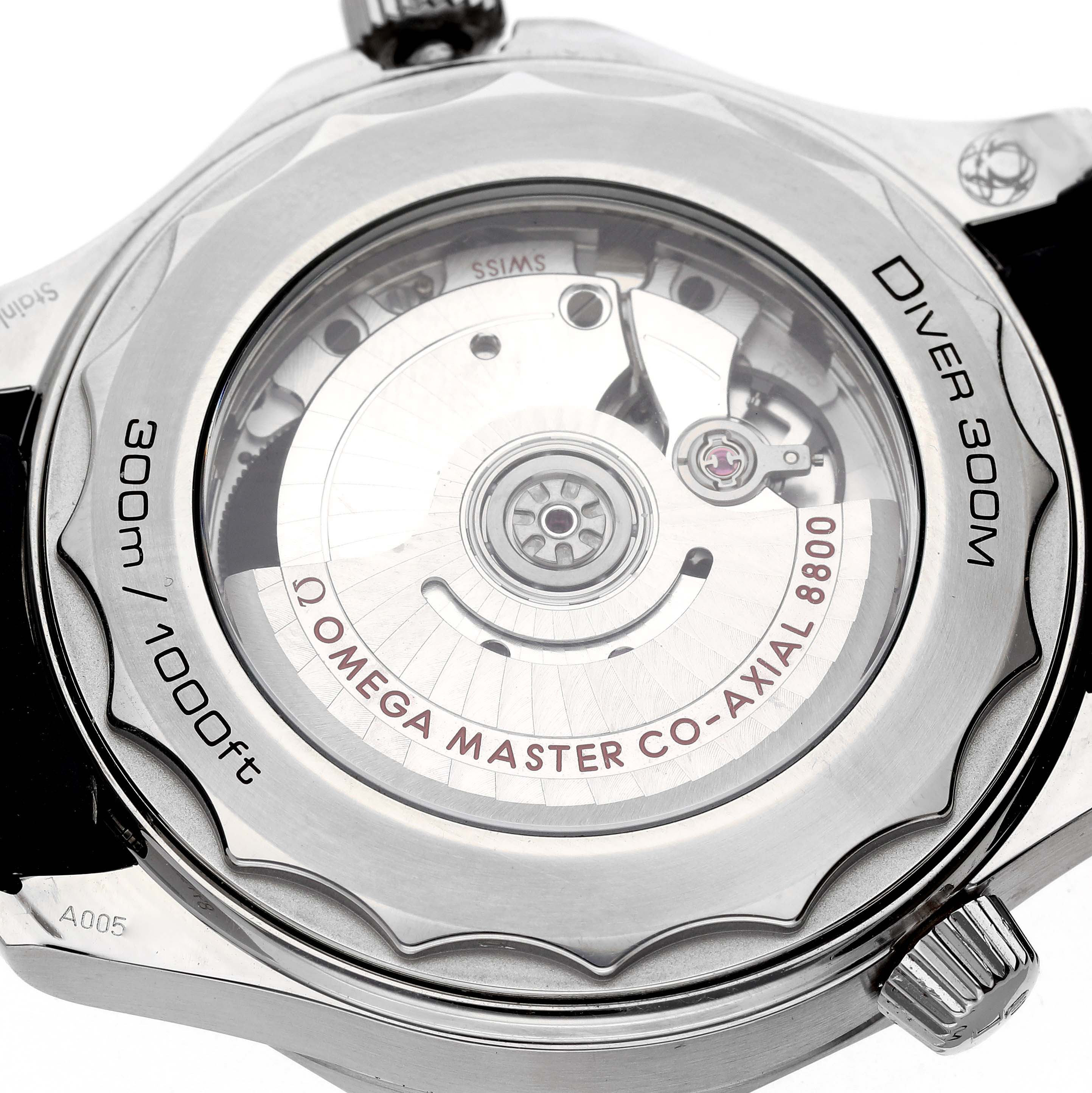 This image shows the back view of the Omega Seamaster 210.32.42.20.01.001 Men's Stainless Steel Black Dial 210.32.42.20.01.001 Men's Stainless Steel Black Dial watch, highlighting the exposed automatic movement and rotor.