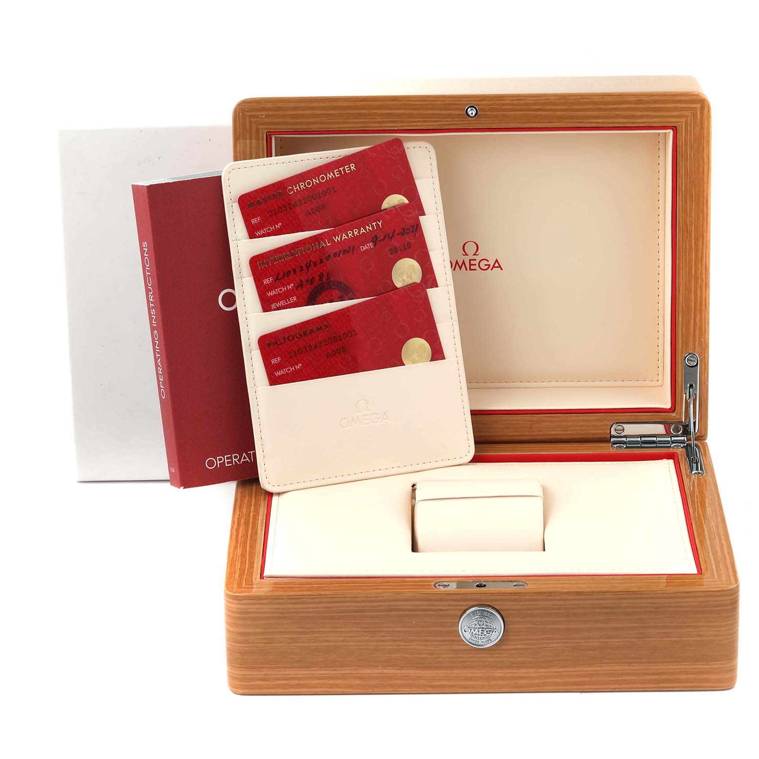 Displayed are accessories for the Omega Seamaster 210.32.42.20.01.001 Men's Stainless Steel Black Dial 210.32.42.20.01.001 Men's Stainless Steel Black Dial watch, including the box, warranty cards, and operating instructions.