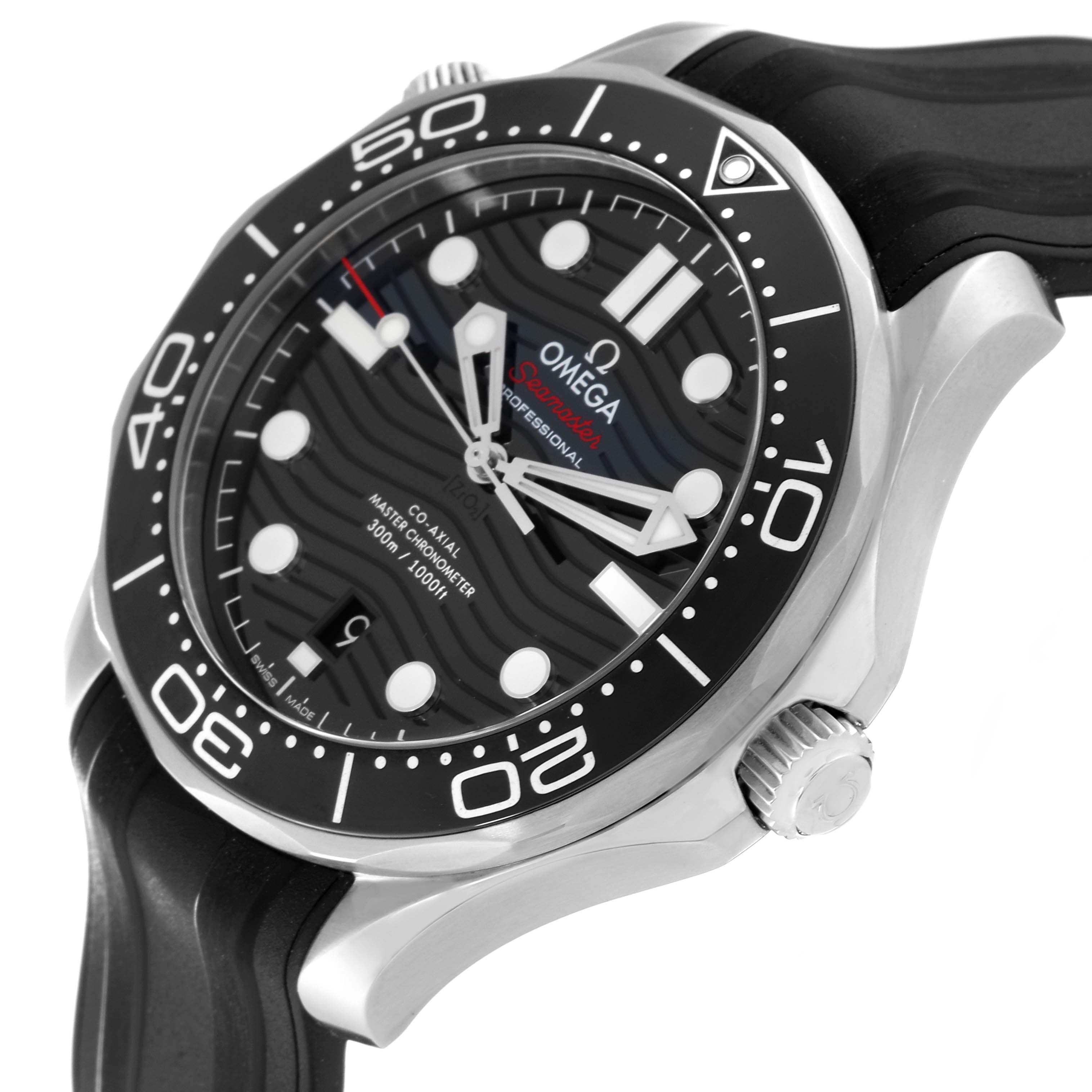 This image shows the Omega Seamaster 210.32.42.20.01.001 Men's Stainless Steel Black Dial 210.32.42.20.01.001 Men's Stainless Steel Black Dial watch at an angle highlighting the bezel, dial, crown, and part of the rubber strap.