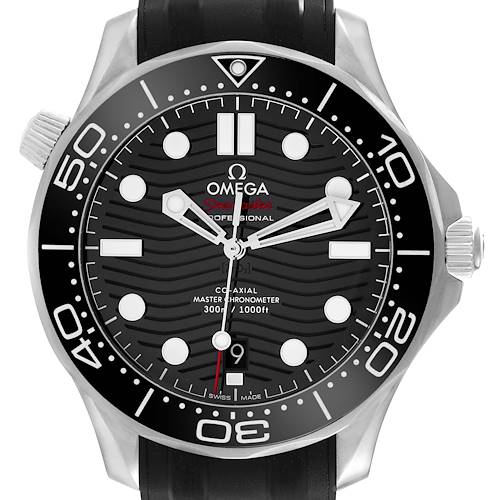 This image shows a front view of an Omega Seamaster watch with a black dial, bezel, and rubber strap.