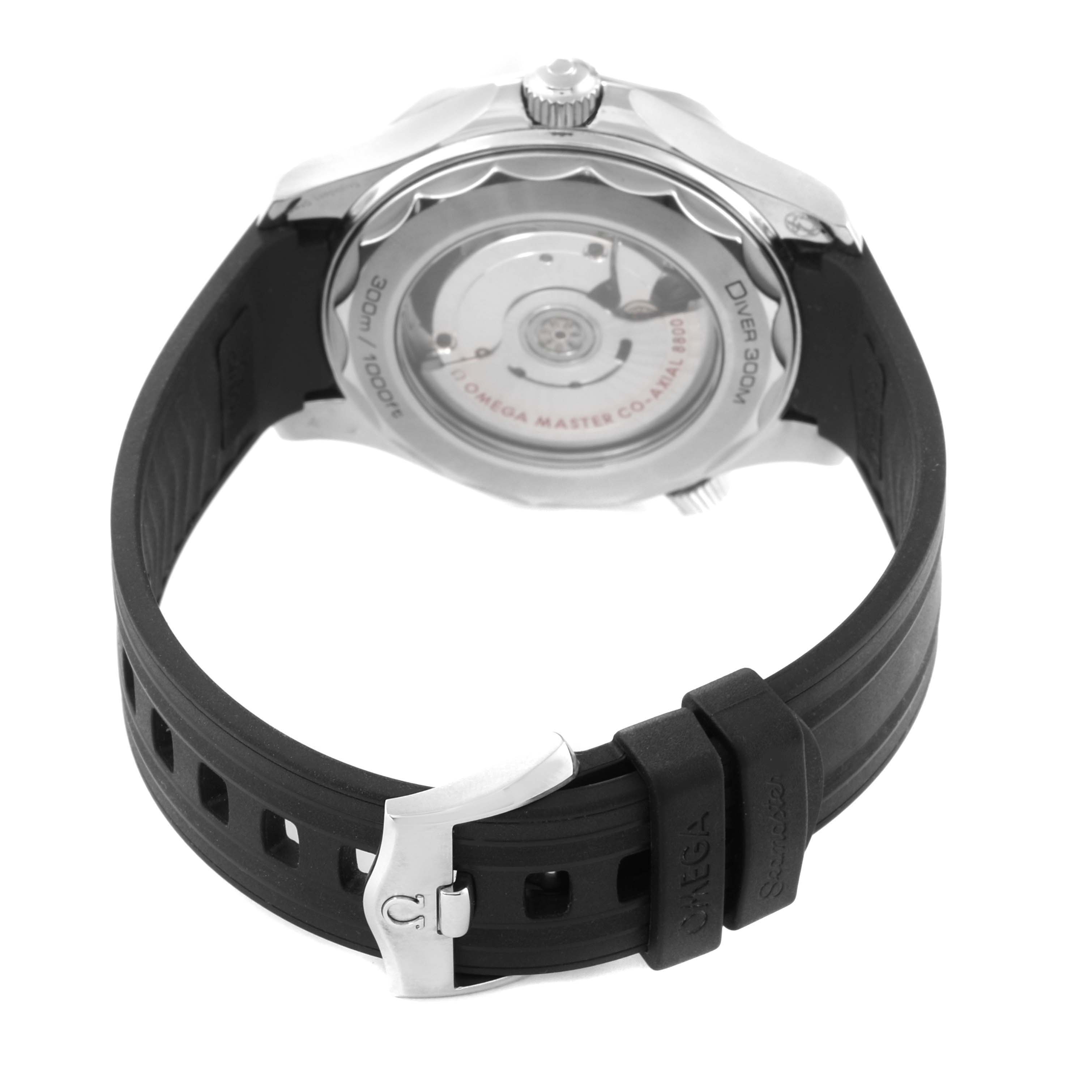 The image shows the back of an Omega Seamaster 210.32.42.20.01.001 Men's Stainless Steel Black Dial 210.32.42.20.01.001 Men's Stainless Steel Black Dial watch, highlighting its transparent case back and black rubber strap.