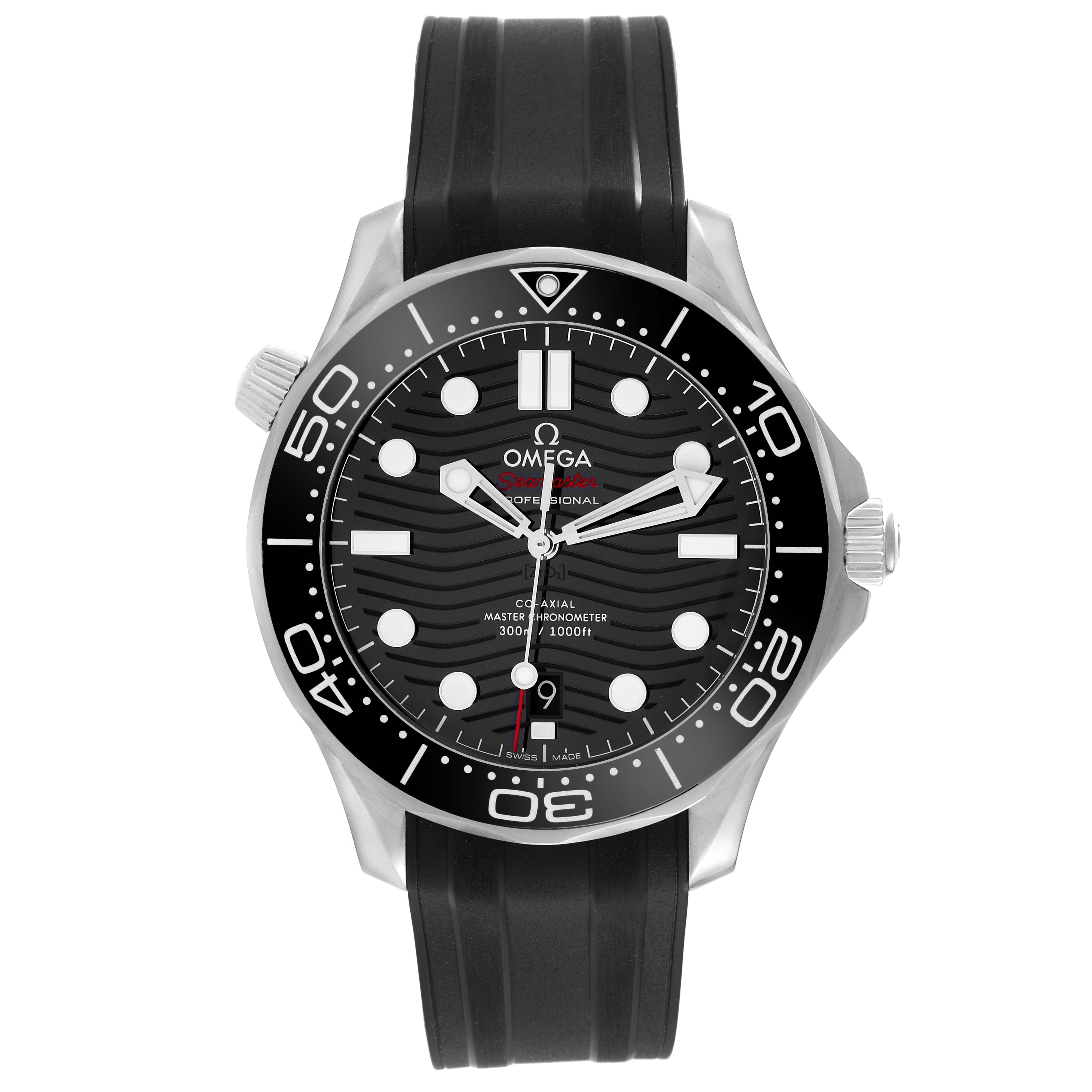 The image shows a front view of the Omega Seamaster 210.32.42.20.01.001 Men's Stainless Steel Black Dial 210.32.42.20.01.001 Men's Stainless Steel Black Dial watch, displaying its black dial, bezel, and rubber strap.