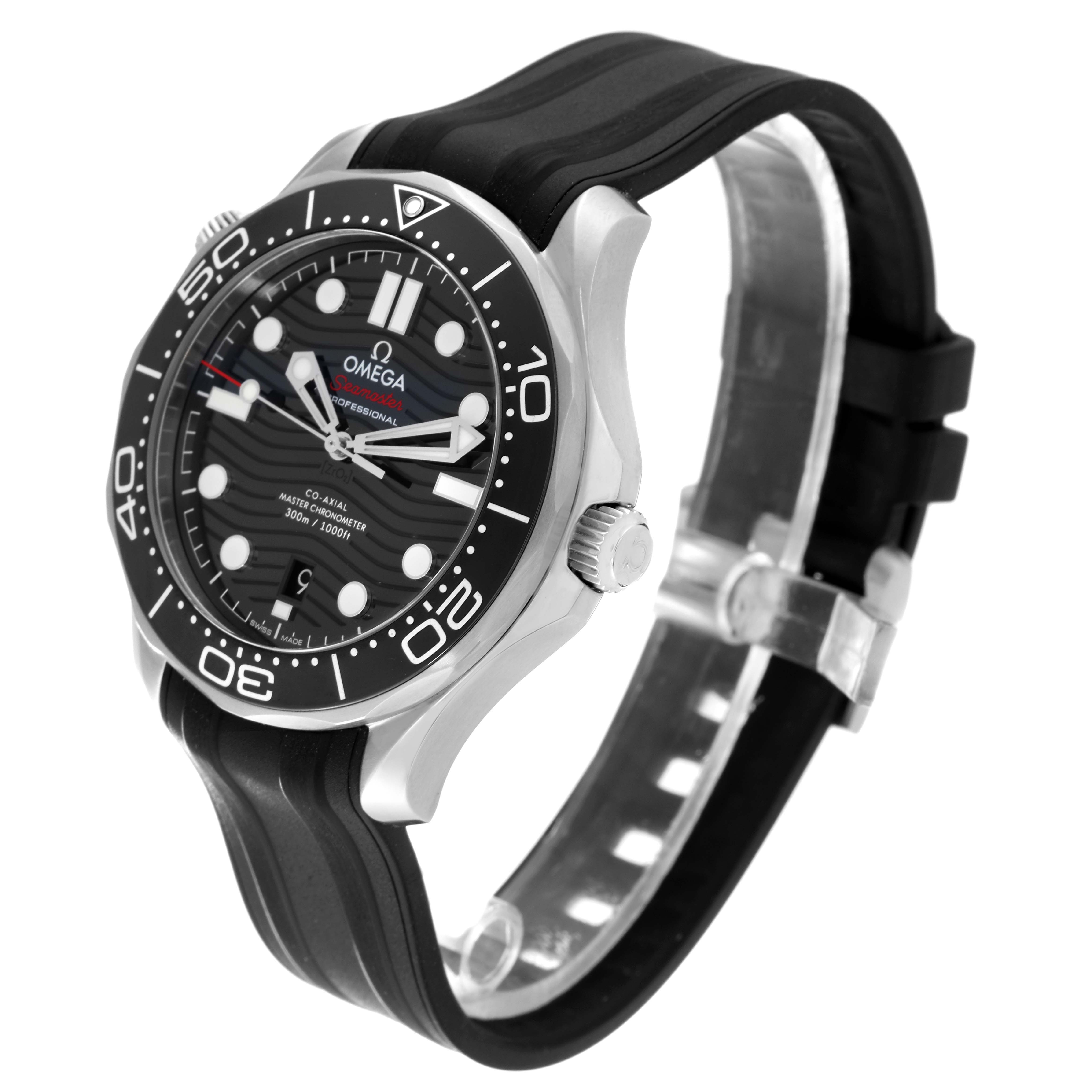 The image shows an angled side view of an Omega Seamaster 210.32.42.20.01.001 Men's Stainless Steel Black Dial 210.32.42.20.01.001 Men's Stainless Steel Black Dial watch, highlighting the face, bezel, crown, and rubber strap.