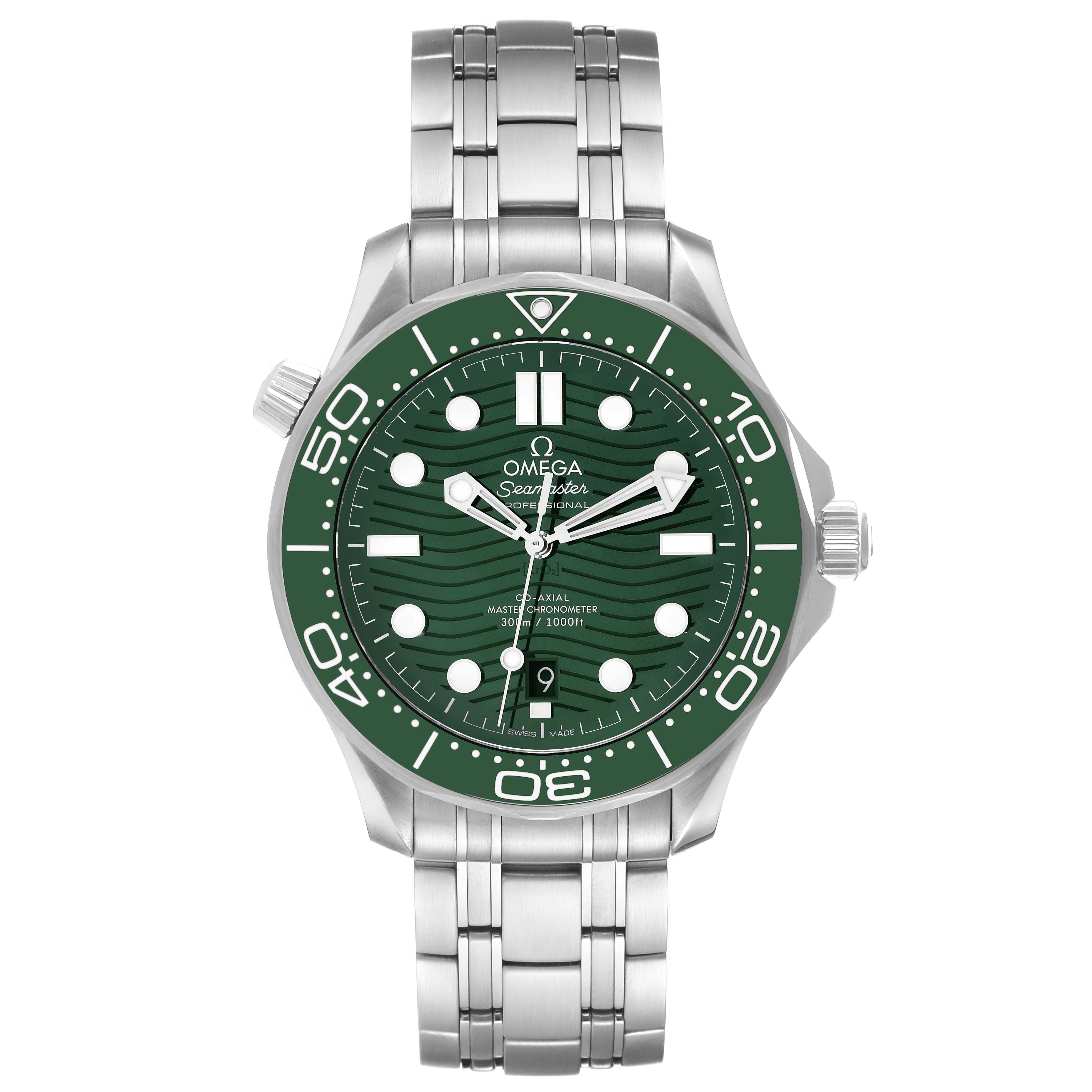 The Omega Seamaster 210.30.42.20.10.001 Men's Stainless Steel Green Dial 210.30.42.20.10.001 Men's Stainless Steel Green Dial watch is shown from a front angle, displaying the green dial, hands, markers, bezel, and metal bracelet.