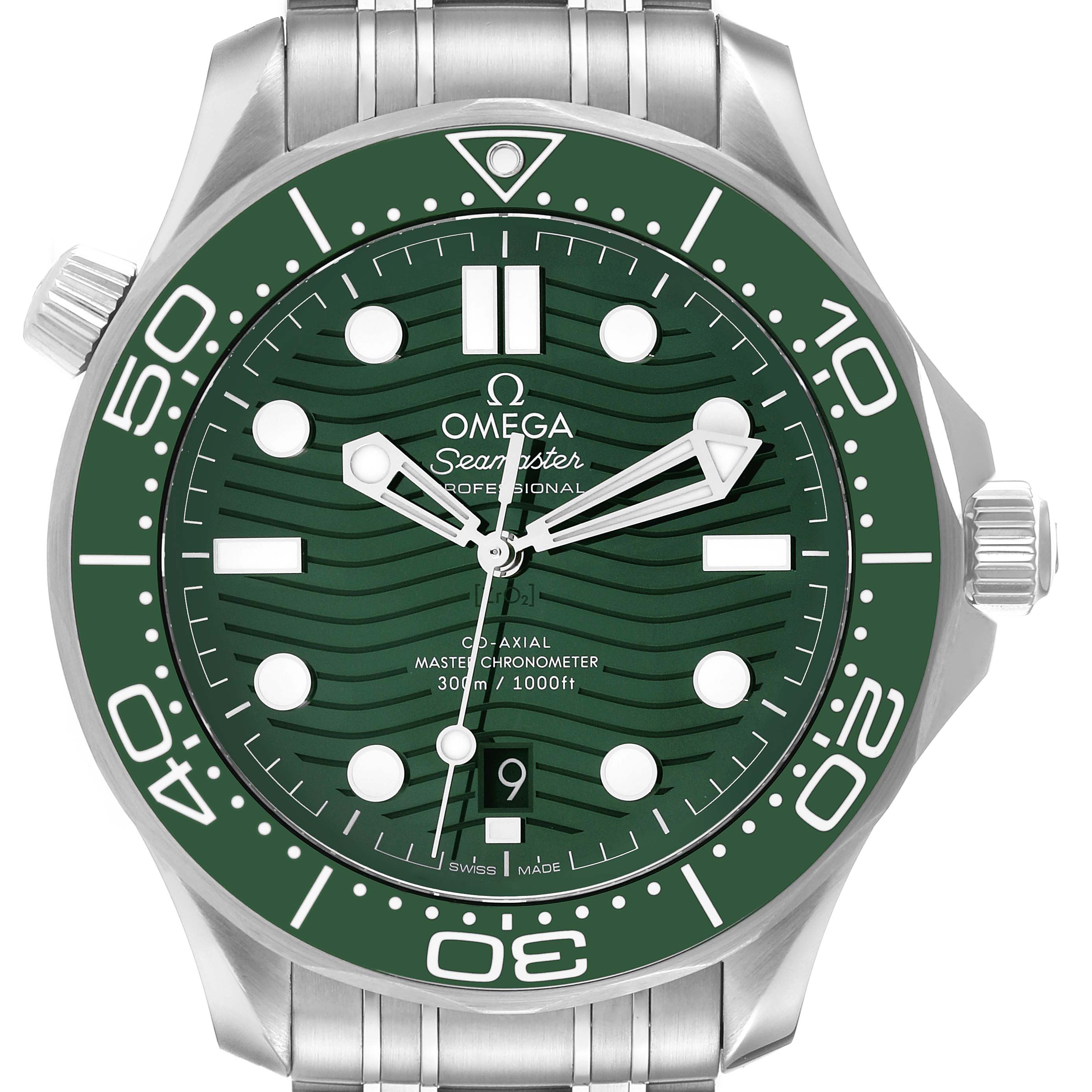 The image shows a front view of an Omega Seamaster 210.30.42.20.10.001 Men's Stainless Steel Green Dial 210.30.42.20.10.001 Men's Stainless Steel Green Dial watch featuring a green dial, luminescent markers, and a metal bracelet.