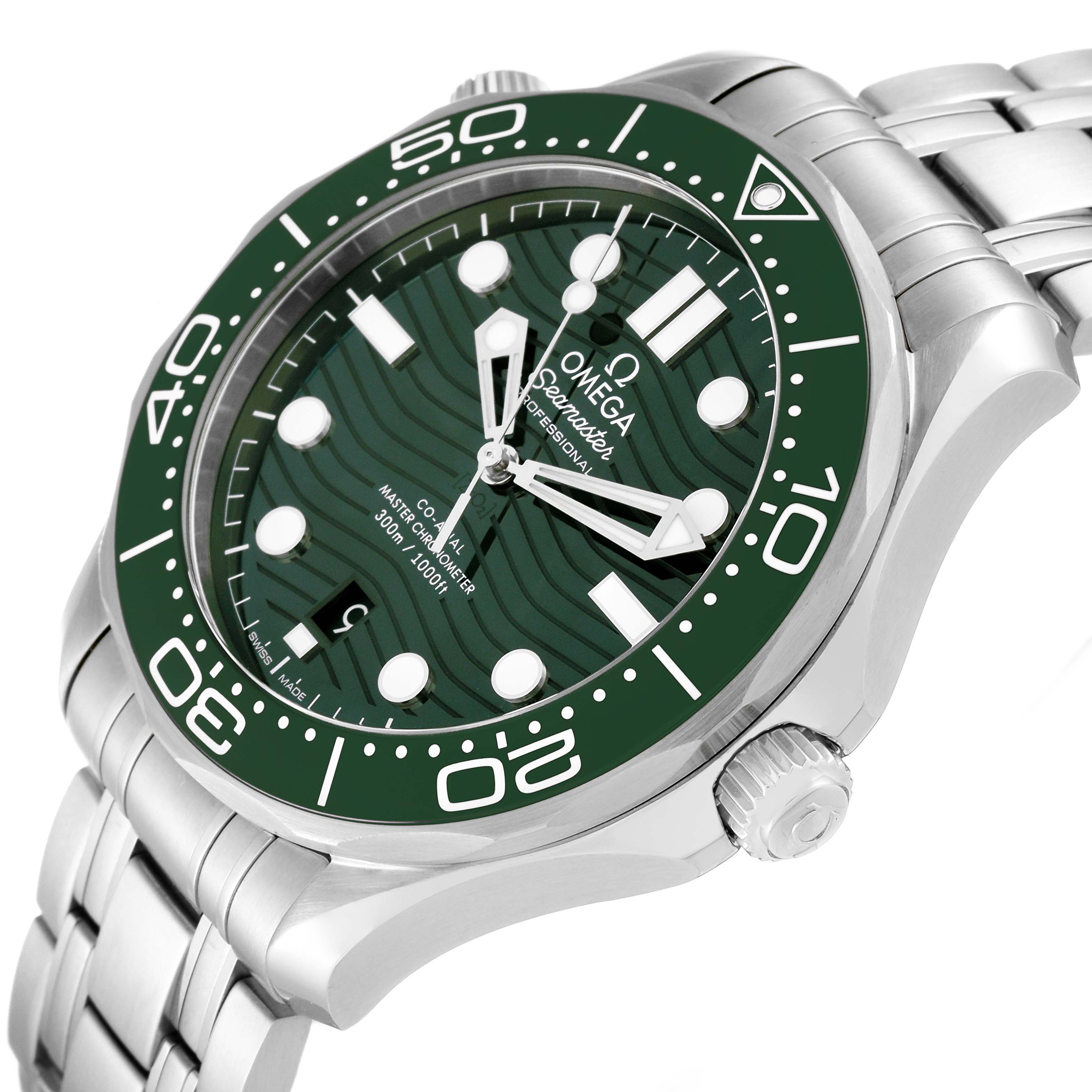 This image shows an angled view of an Omega Seamaster 210.30.42.20.10.001 Men's Stainless Steel Green Dial 210.30.42.20.10.001 Men's Stainless Steel Green Dial watch, highlighting the green bezel, dial, and stainless steel bracelet.