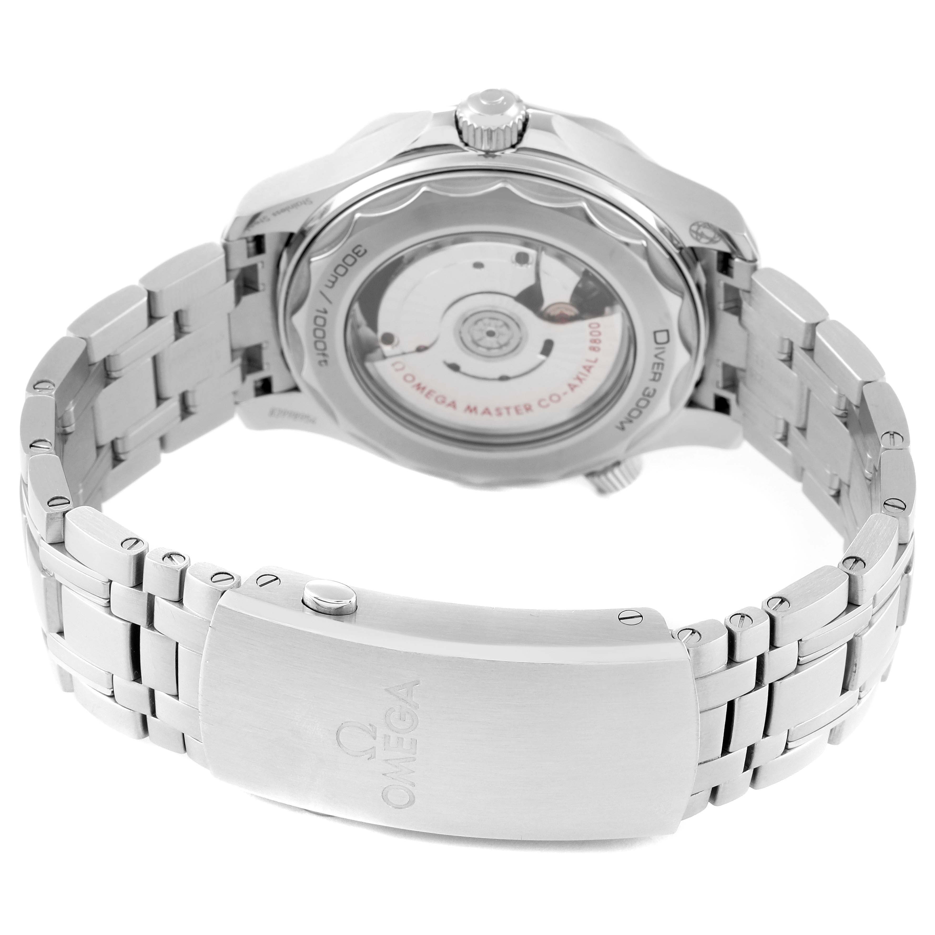 This image shows the back view of the Omega Seamaster 210.30.42.20.10.001 Men's Stainless Steel Green Dial 210.30.42.20.10.001 Men's Stainless Steel Green Dial watch, focusing on the movement through the transparent case back and the metal bracelet.