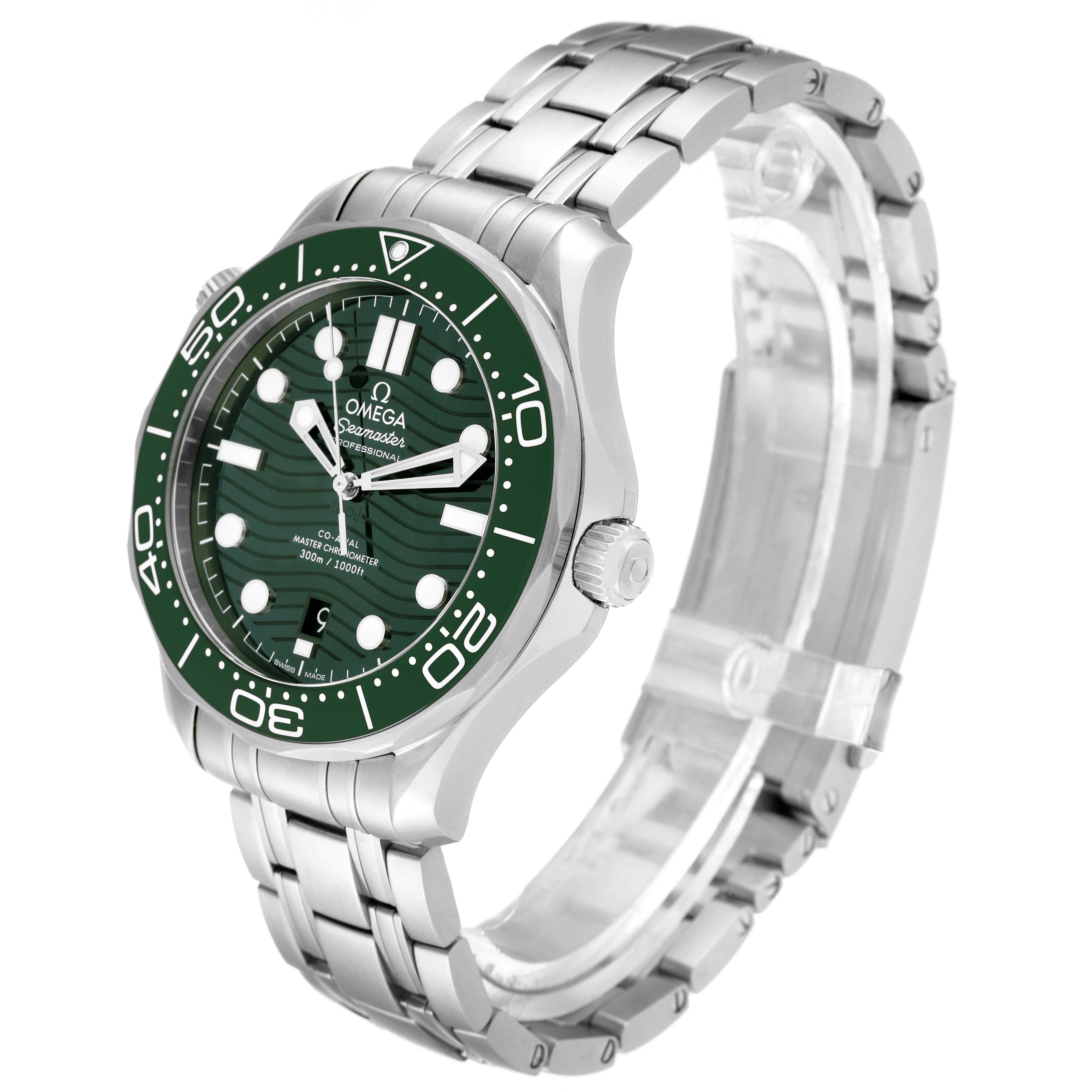 The Omega Seamaster 210.30.42.20.10.001 Men's Stainless Steel Green Dial 210.30.42.20.10.001 Men's Stainless Steel Green Dial watch is shown from a front-left angle, displaying the face, bezel, crown, and stainless steel bracelet.