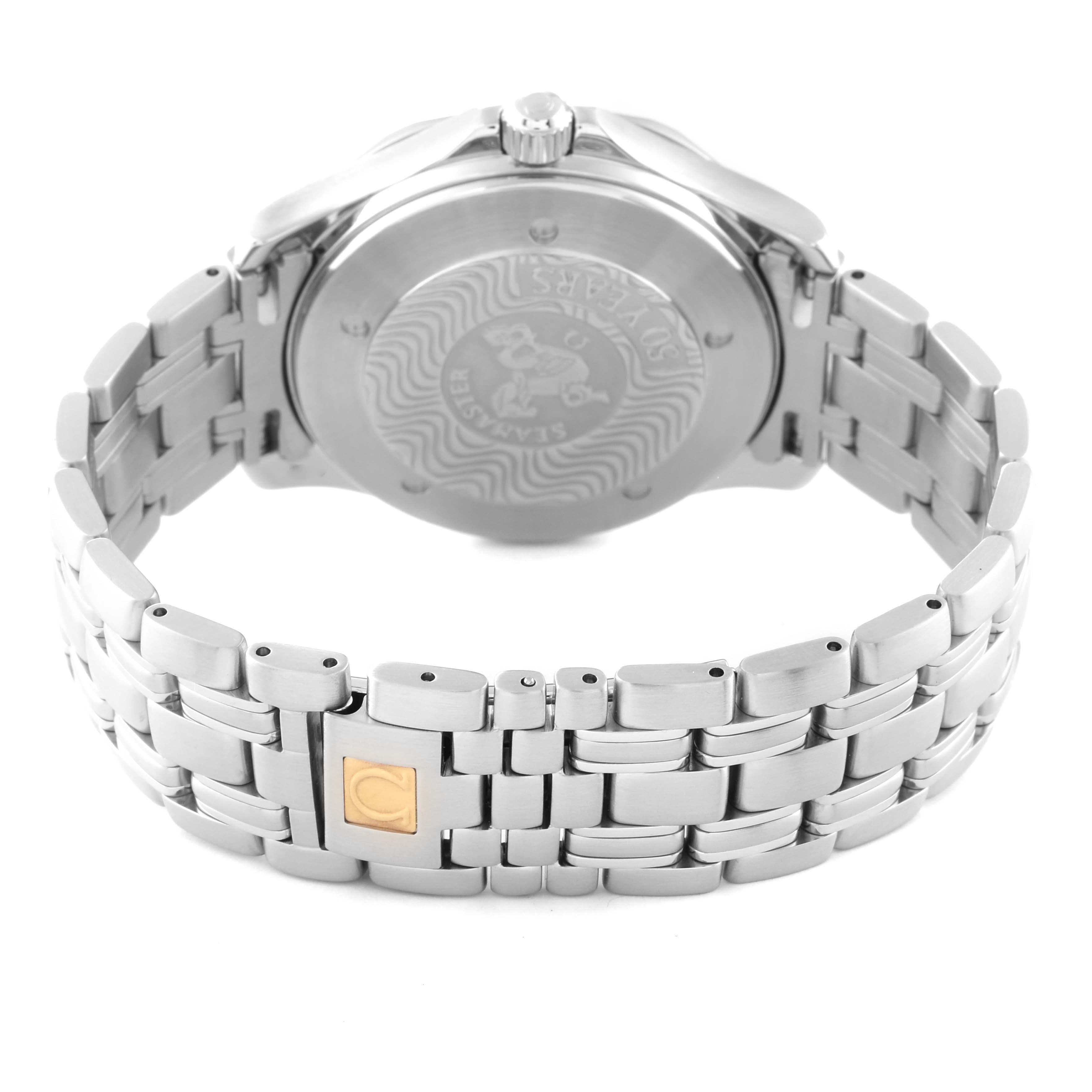 The image shows the back case and bracelet of an Omega Seamaster 2534.50.00 Men
s Stainless Steel Black Dial 2534.50.00 Men
s Stainless Steel Black Dial watch at a rear angle, highlighting the clasp and case back engraving.