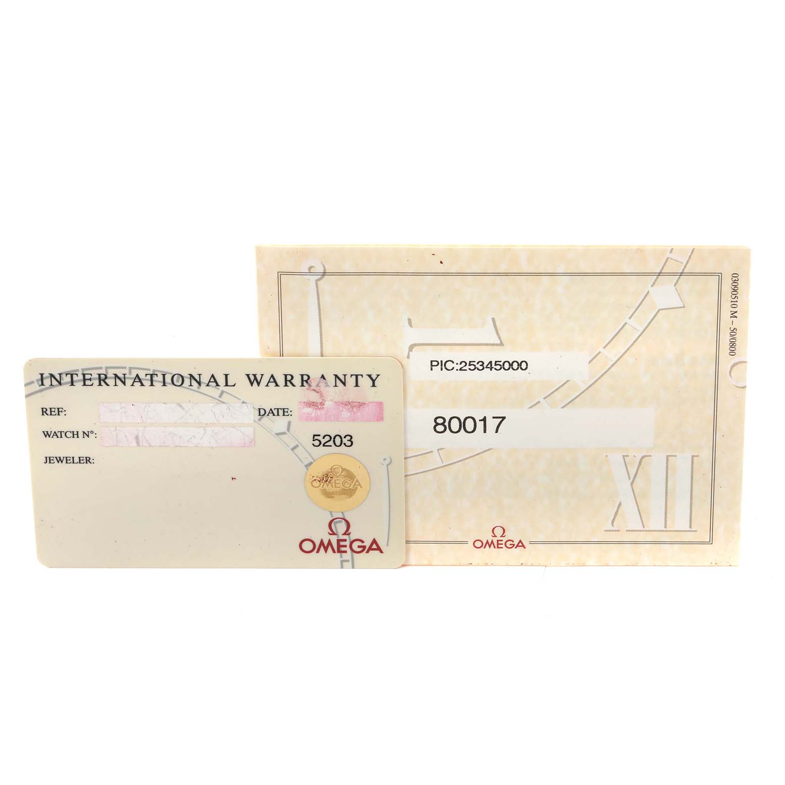 The image shows the international warranty card and the outer box for the Omega Seamaster 2534.50.00 Men
s Stainless Steel Black Dial 2534.50.00 Men
s Stainless Steel Black Dial watch model.