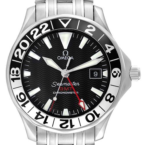 The image shows a frontal view of the Omega Seamaster GMT chronometer watch, highlighting its dial, bezel, and part of the bracelet.