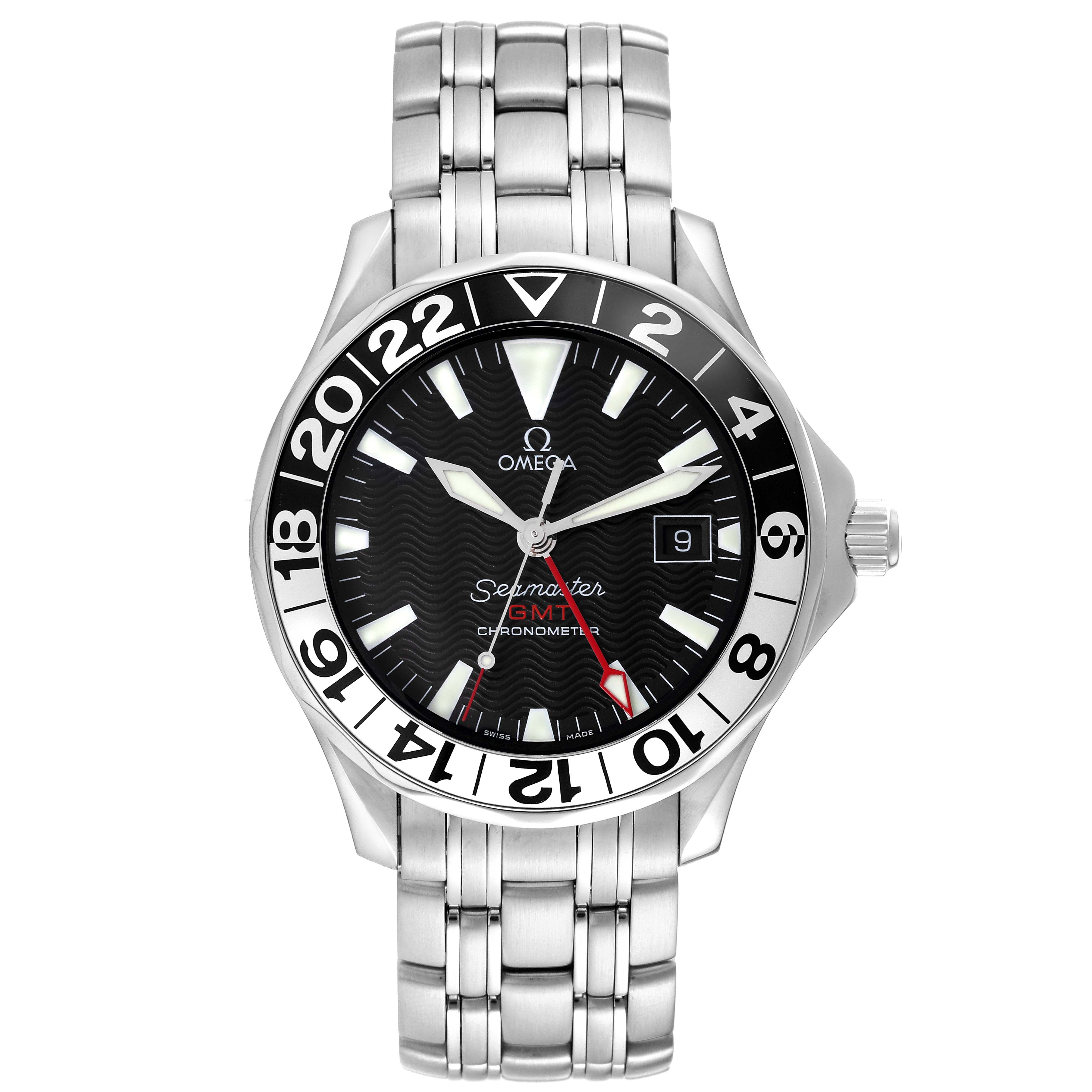 The image shows a front view of the Omega Seamaster 2534.50.00 Men
s Stainless Steel Black Dial 2534.50.00 Men
s Stainless Steel Black Dial GMT Chronometer watch, displaying its dial, bezel, and stainless steel bracelet.